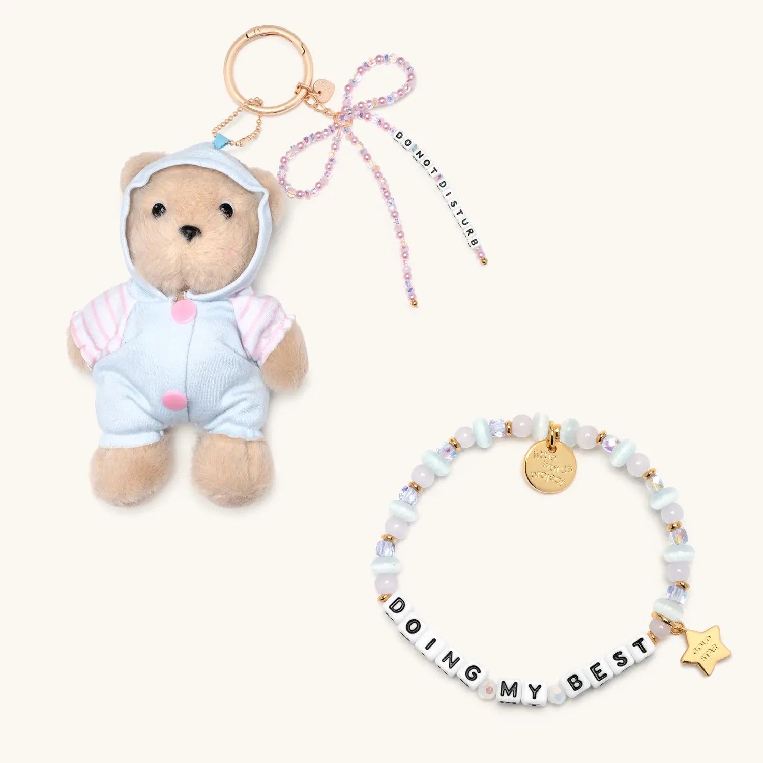 Rest Day Set with Doing My Best bracelet and Do Not Disturb plush bear bag charm, flat lay