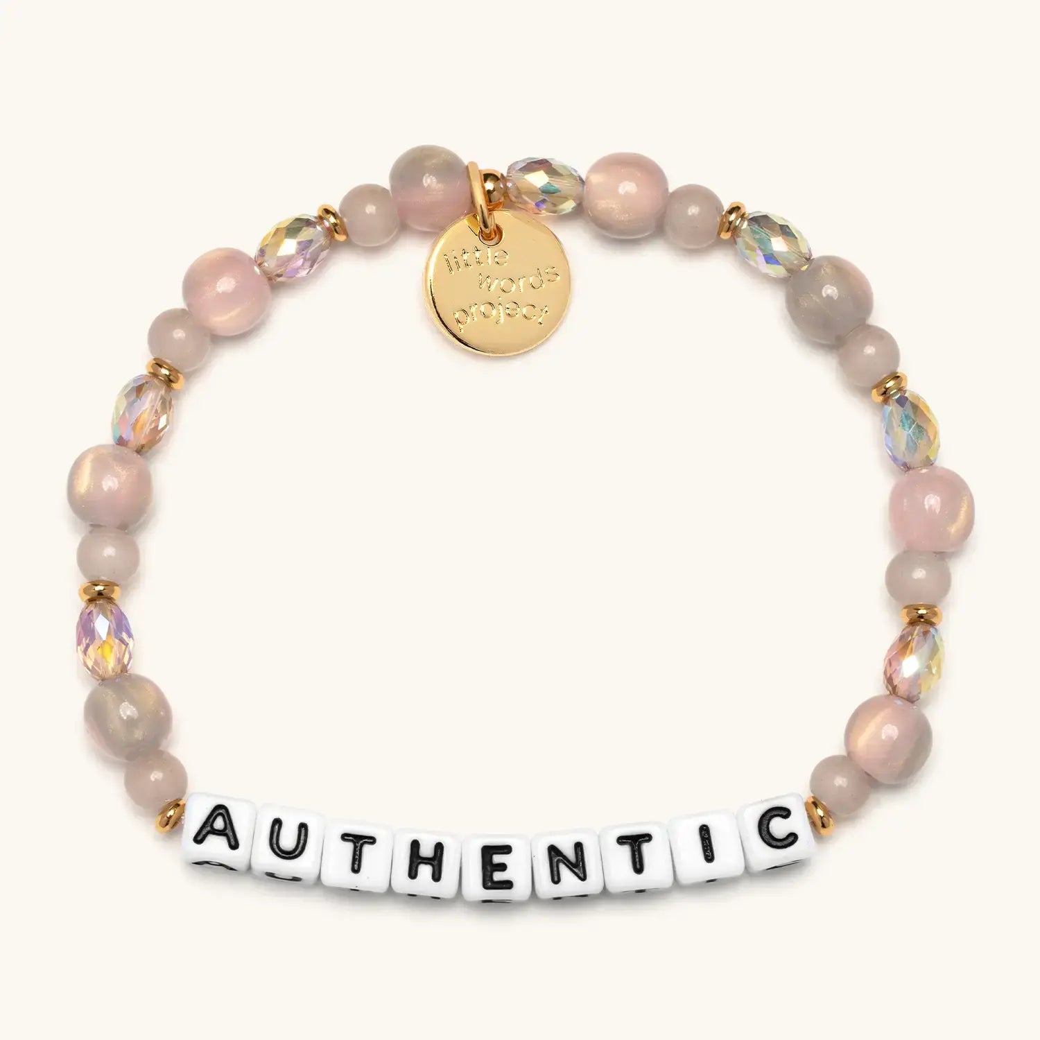 Bracelet with pink beads and 'AUTHENTIC' on a white background