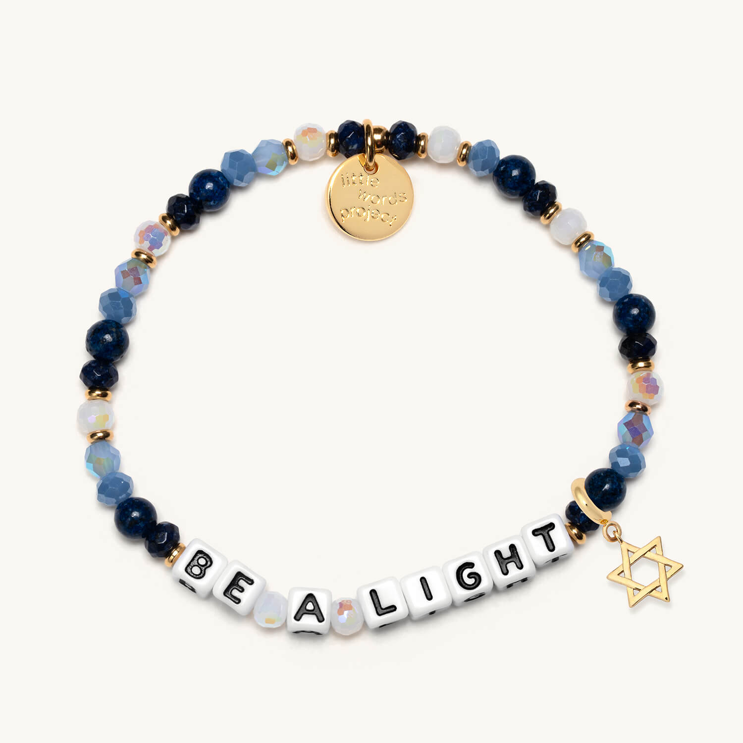 Beaded bracelet with 'BE A LIGHT' word on a white background