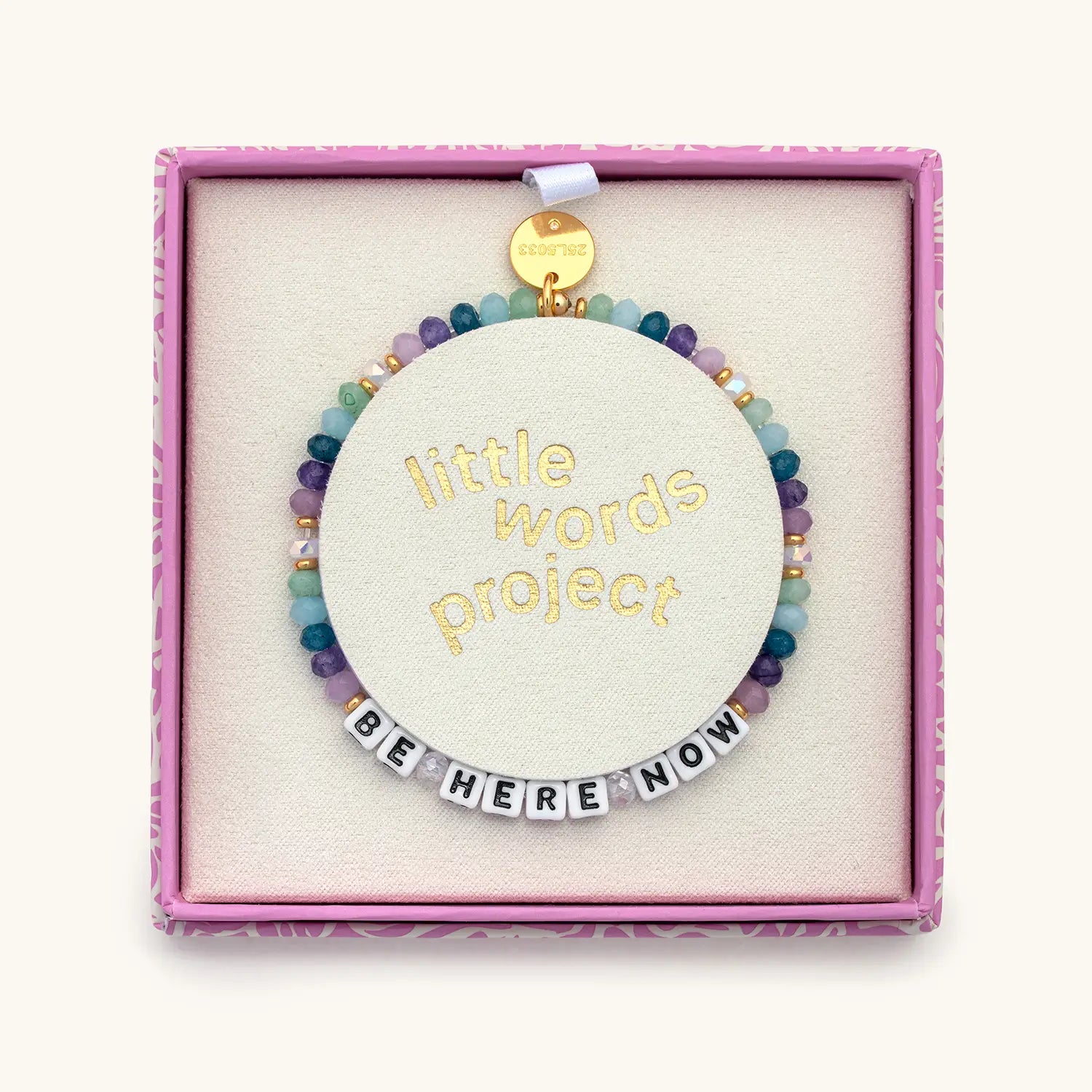 Bracelet with 'little words project' message in a pink box