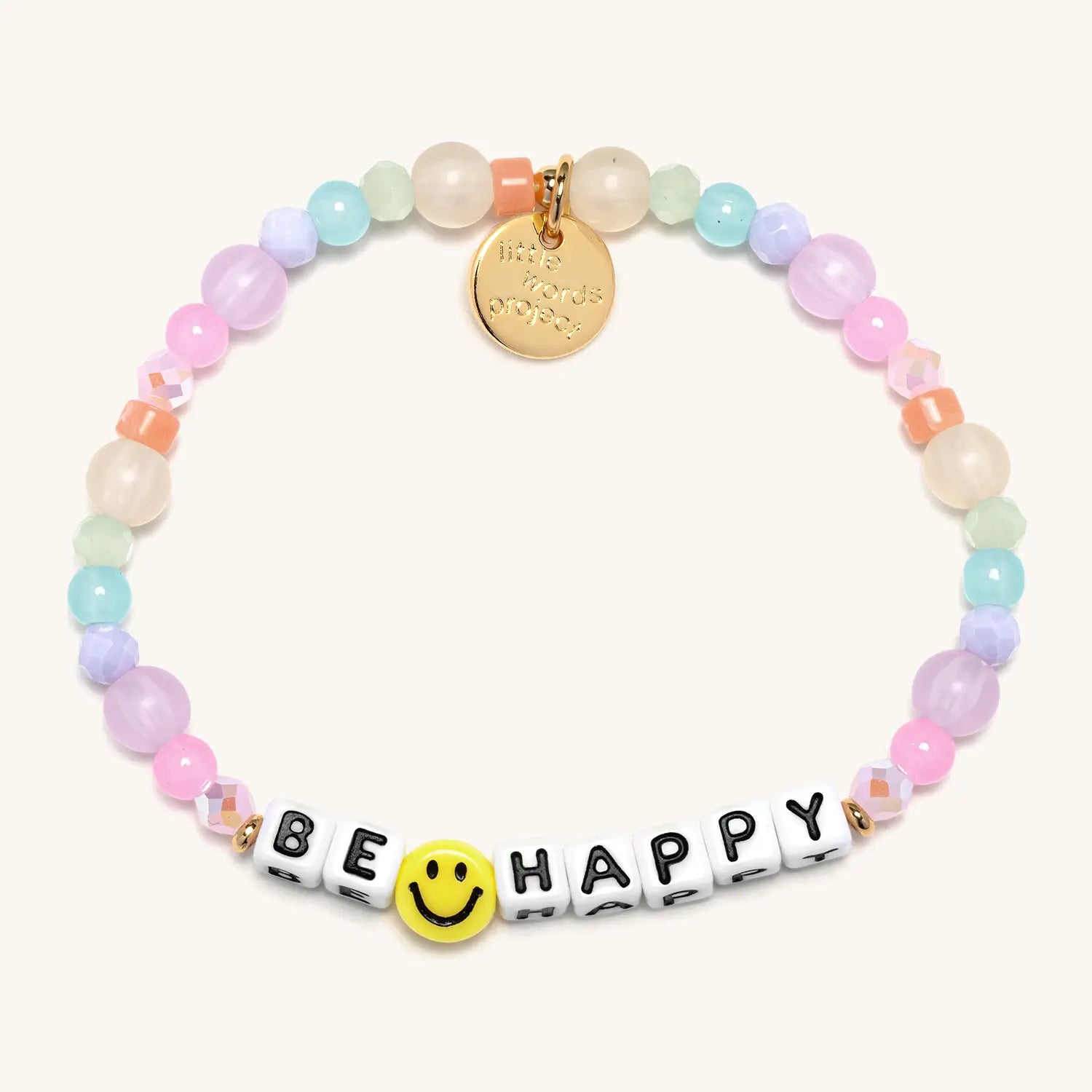 Colorful beaded bracelet with 'BE HAPPY' and smiley face bead on a white background