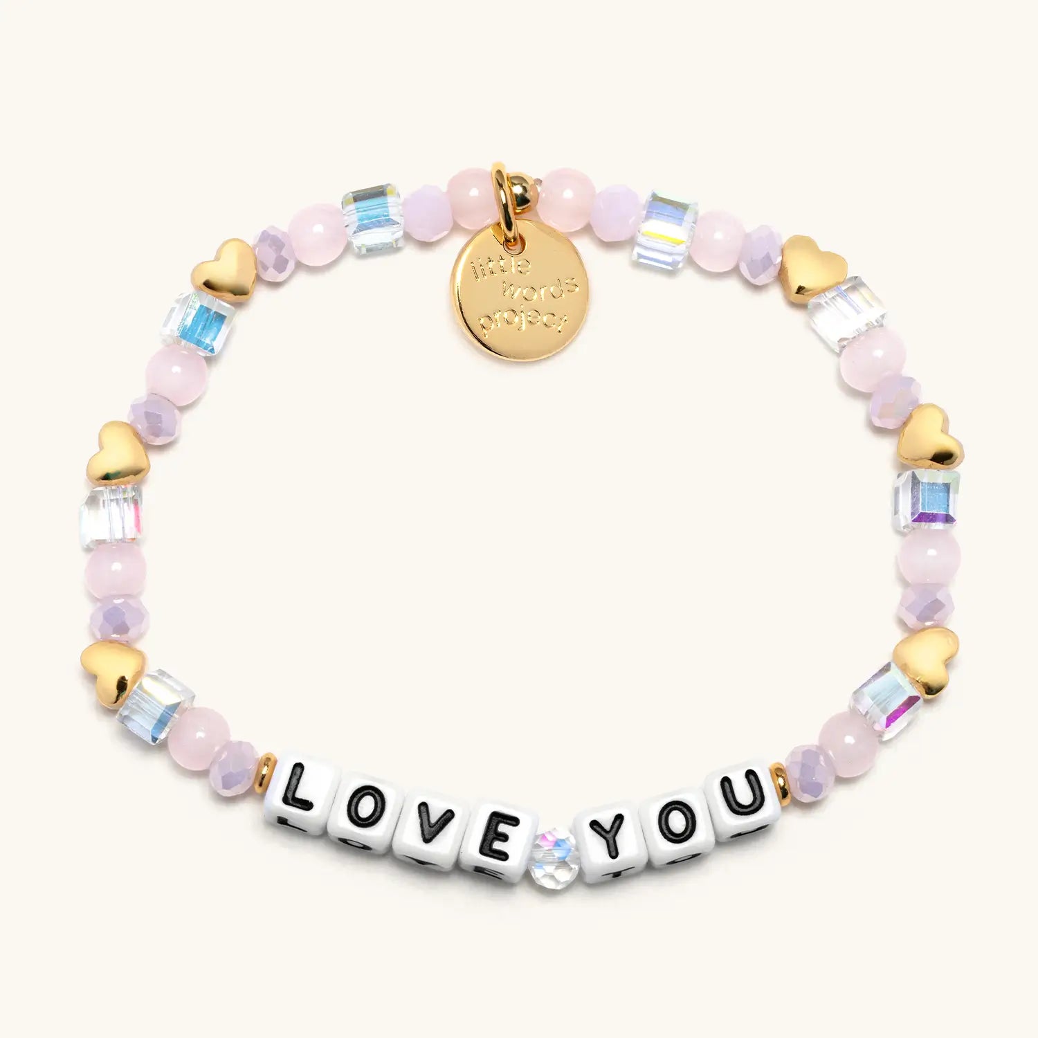 Multicolored beaded bracelet with 'LOVE YOU' on a white background