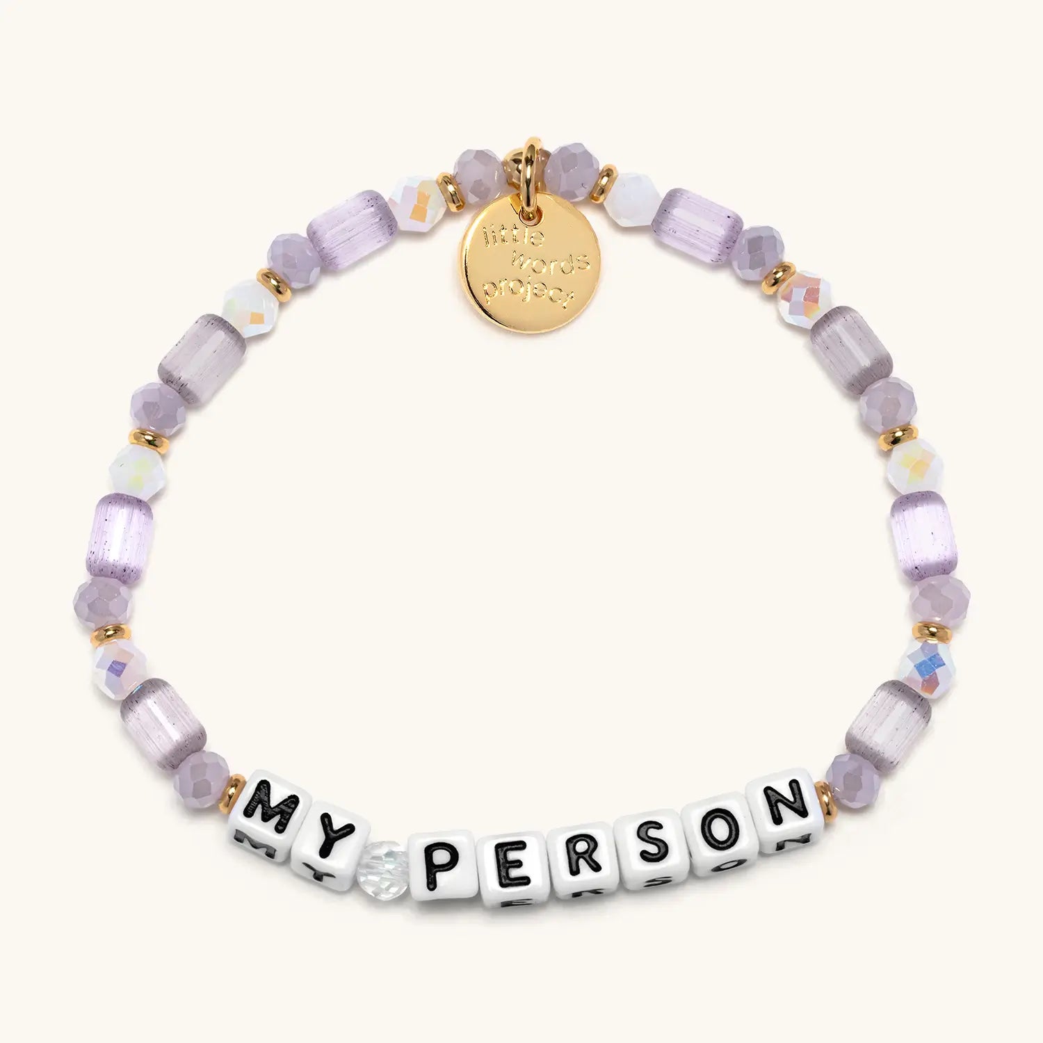 Bracelet with purple beads and 'MY PERSON' on a white background