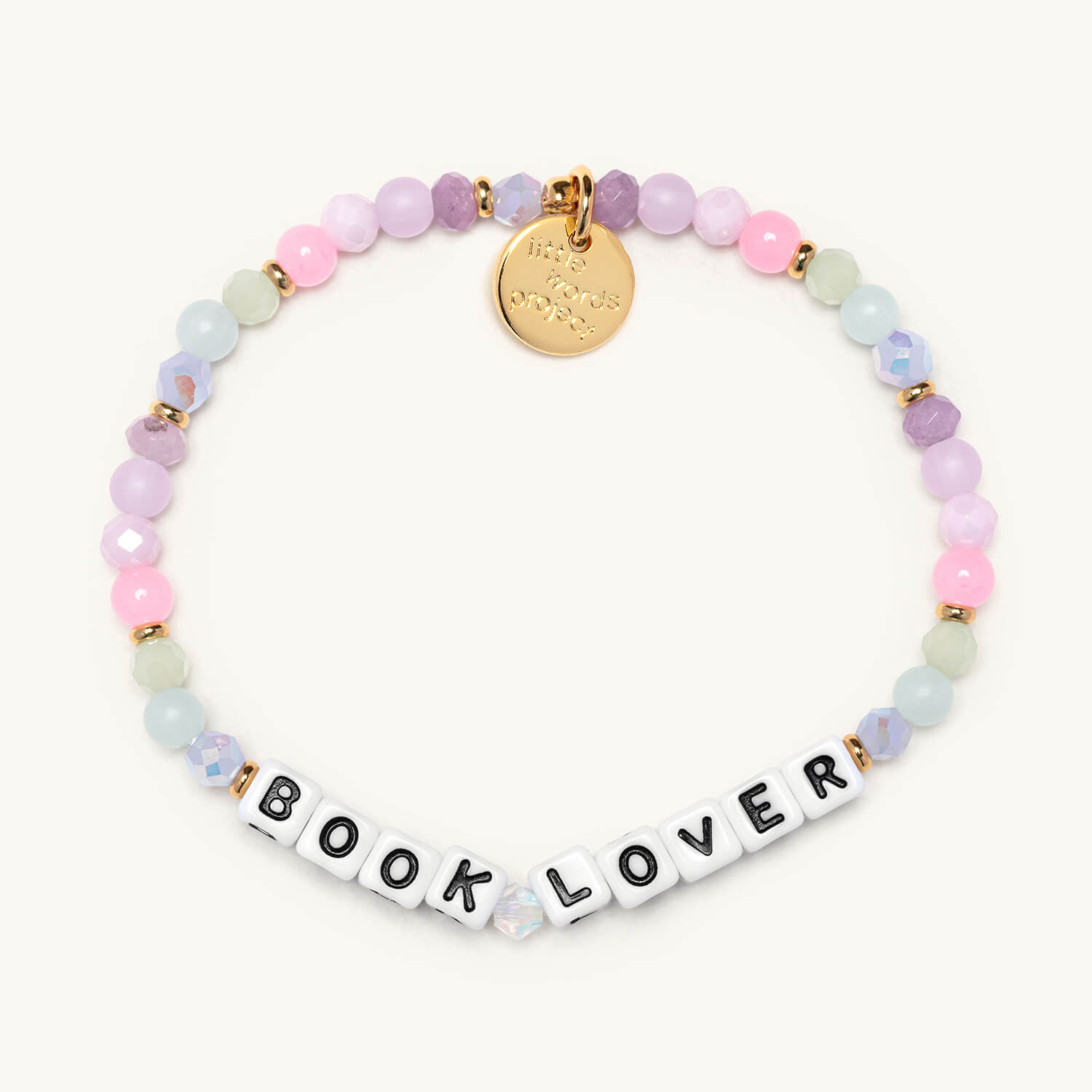 Multicolored beaded bracelet with 'BOOK LOVER' charm on a white background