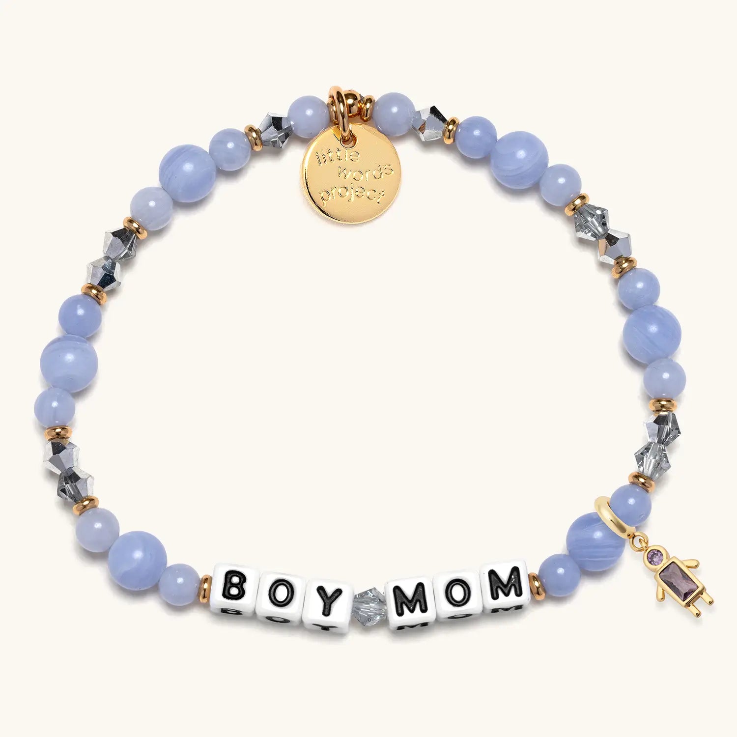 Bracelet with 'BOY MOM' and blue beads on a white background