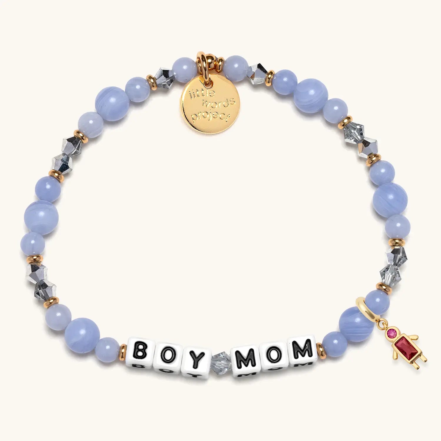 Bracelet with 'BOY MOM' and blue beads on a white background