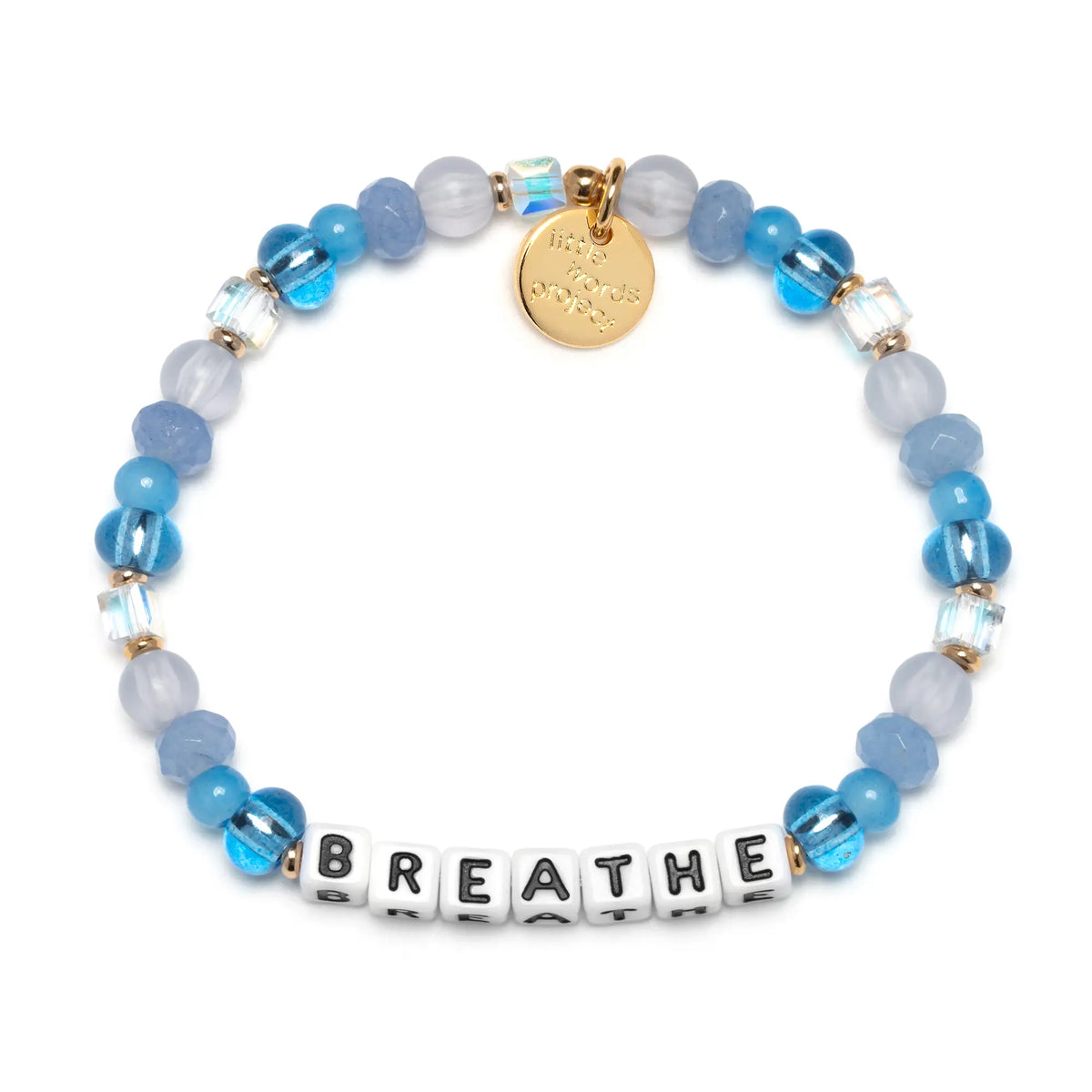 Breathe beaded bracelet in the Cloud Soft pattern with white letter beads, light blue, periwinkle, and frosted white beads, clear crystal cubes, gold spacers, and a gold Little Words Project tag