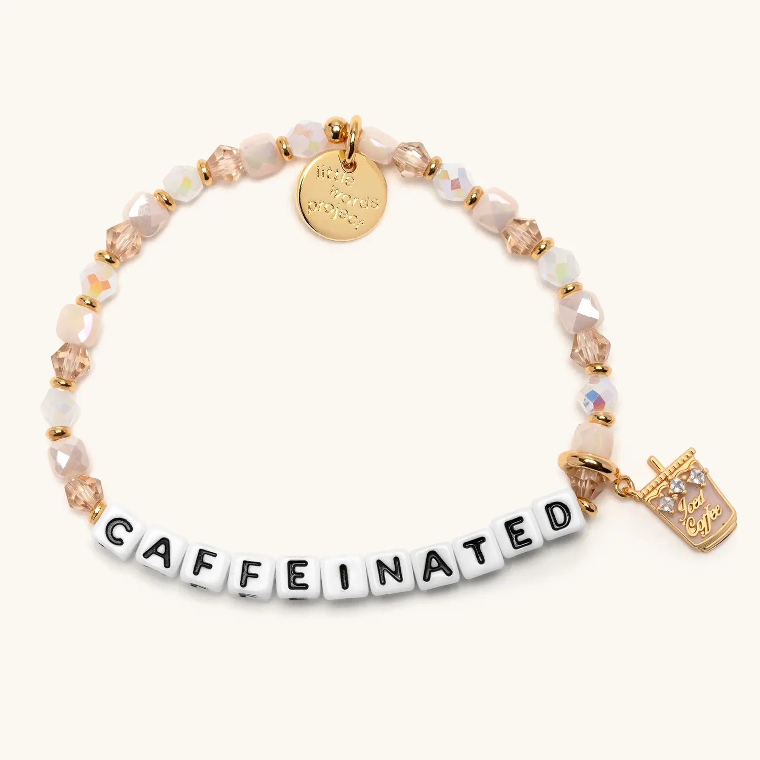 Bracelet with 'CAFFEINATED' with an iced coffee charm on a white background