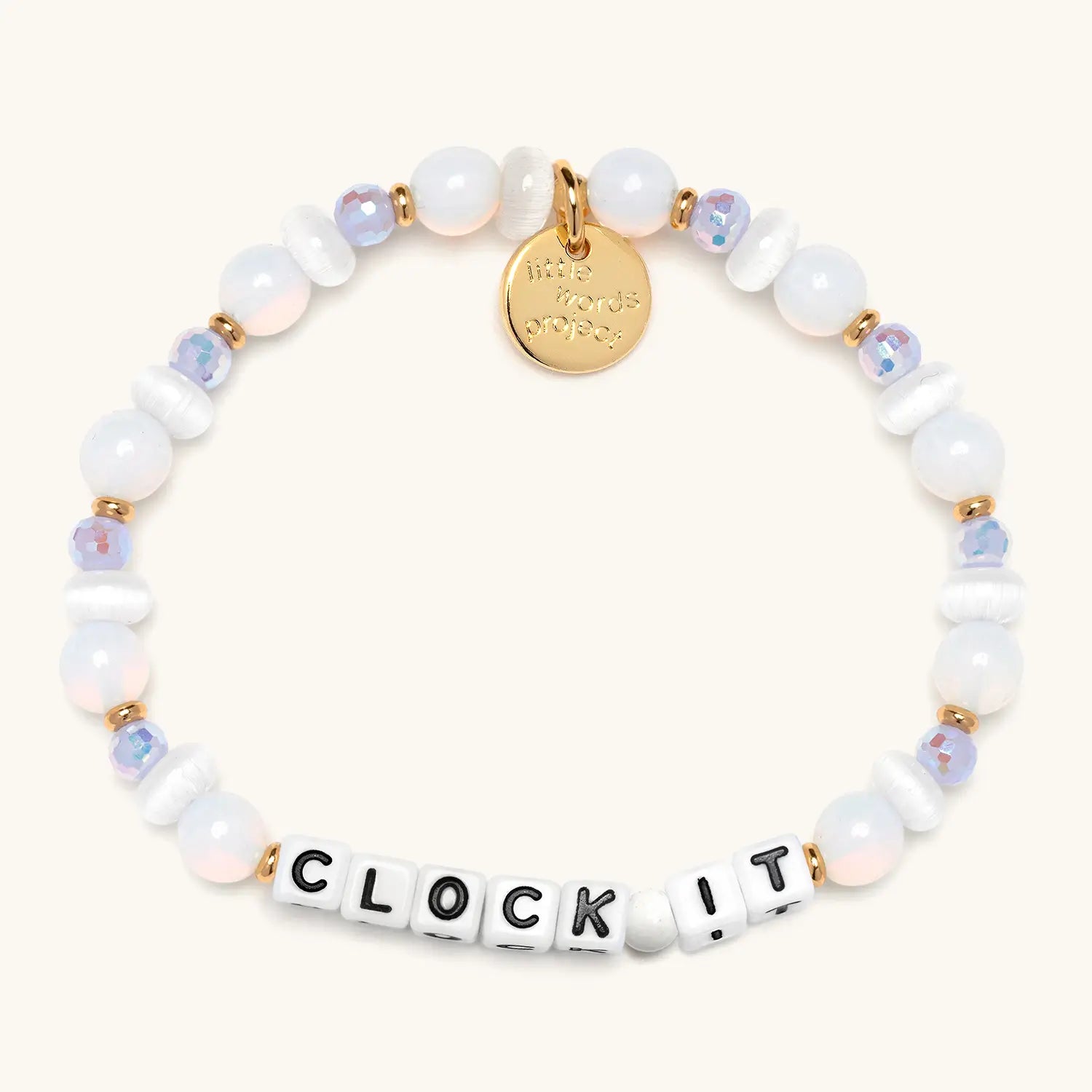 Beaded bracelet with letter beads spelling 'CLOCK IT' on a white background