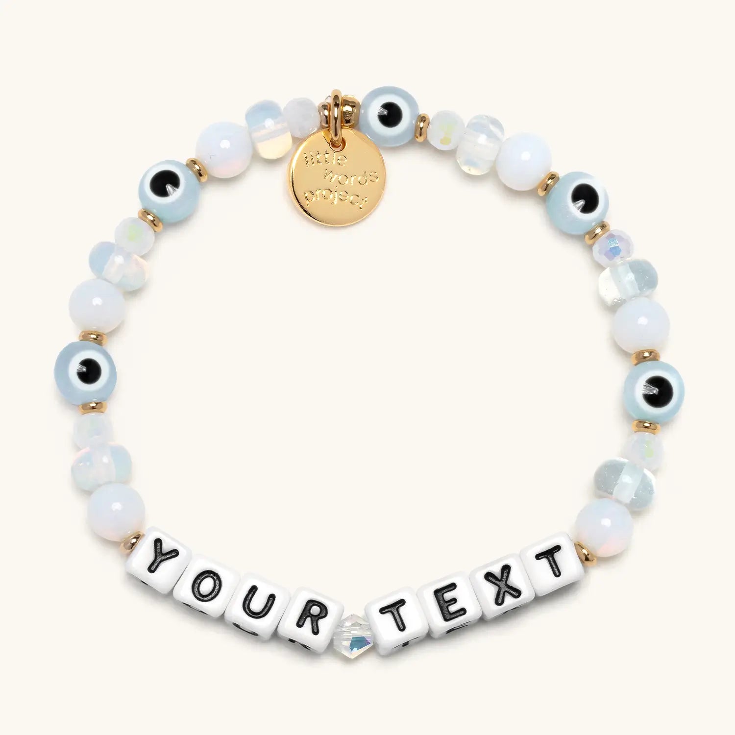Bracelet with beads and a customizable text on a white background