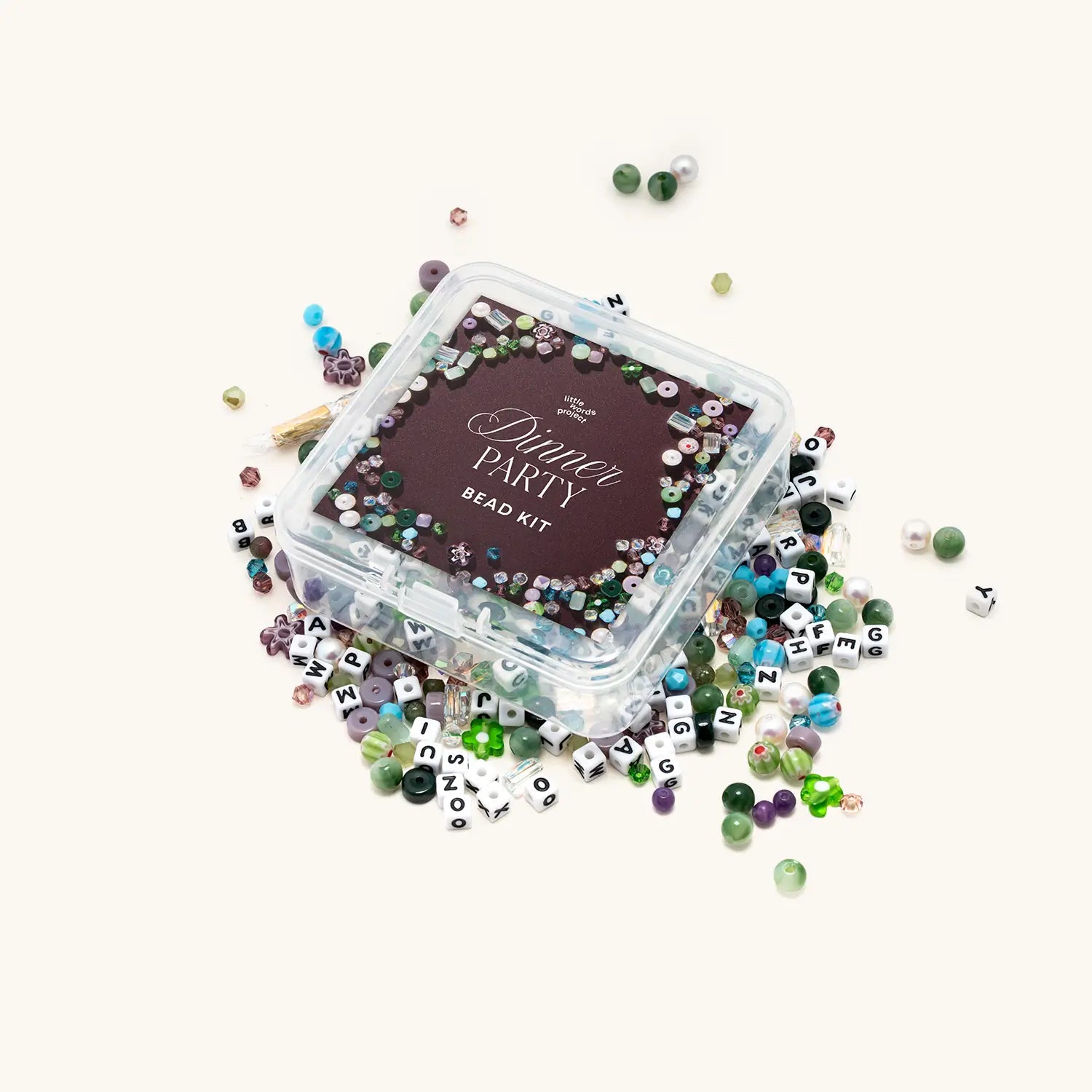 Bead kit with 'Dinner Party' theme on a white background