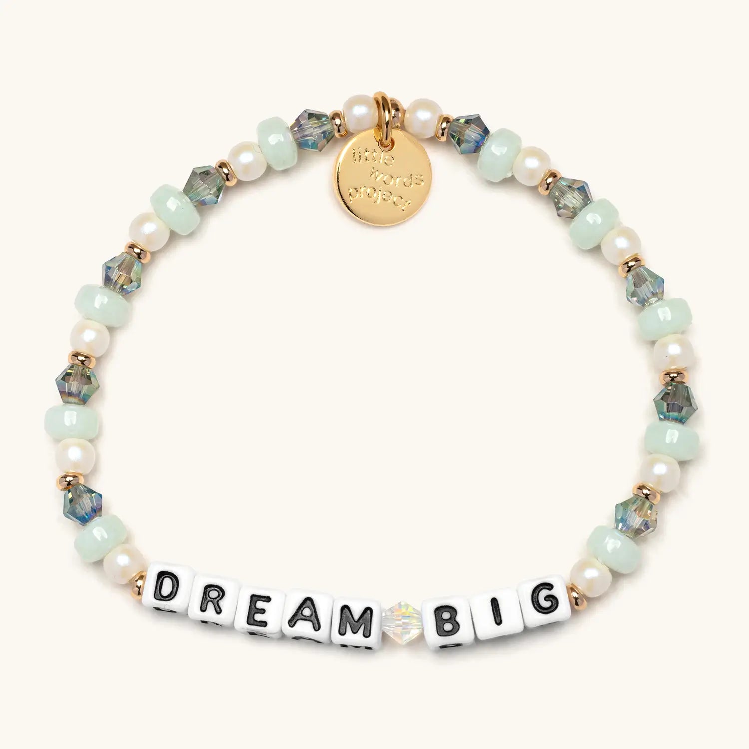 Beaded bracelet with 'Dream Big' message on a white background