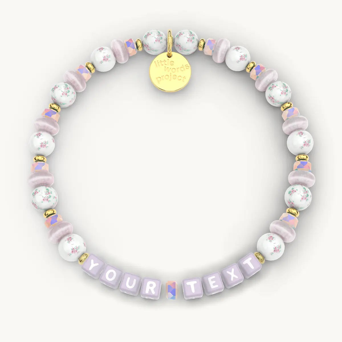 Personalized beaded bracelet with 'Your Text' on a white background
