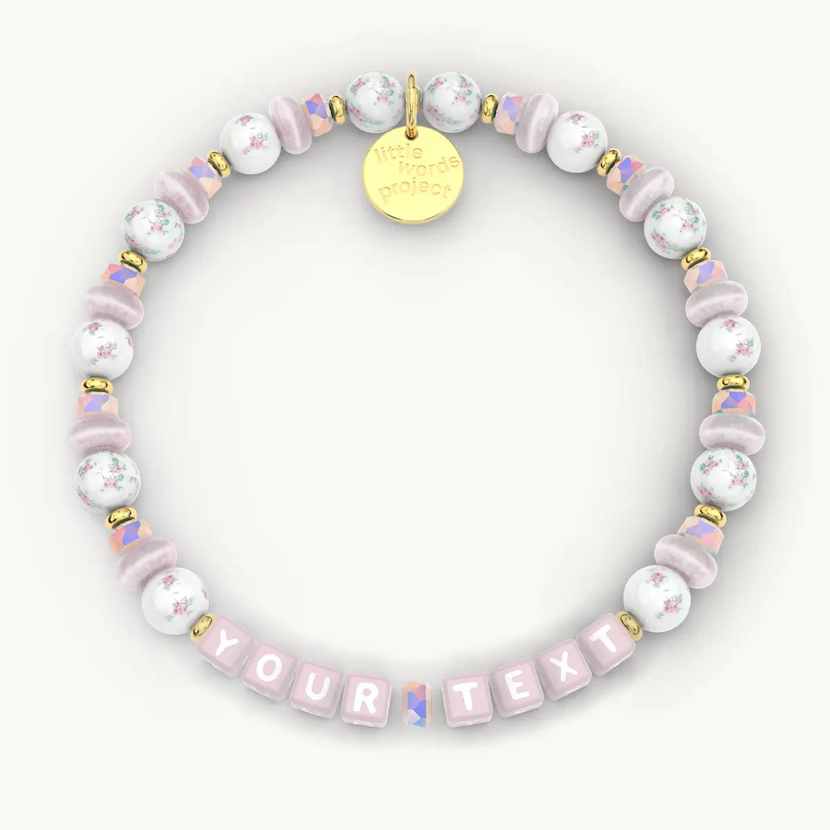 Personalized beaded bracelet with 'Your Text' on a white background