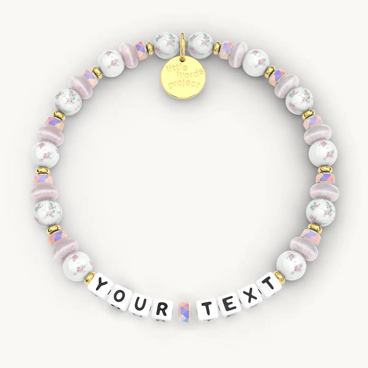 Beaded bracelet with customizable text on a white background