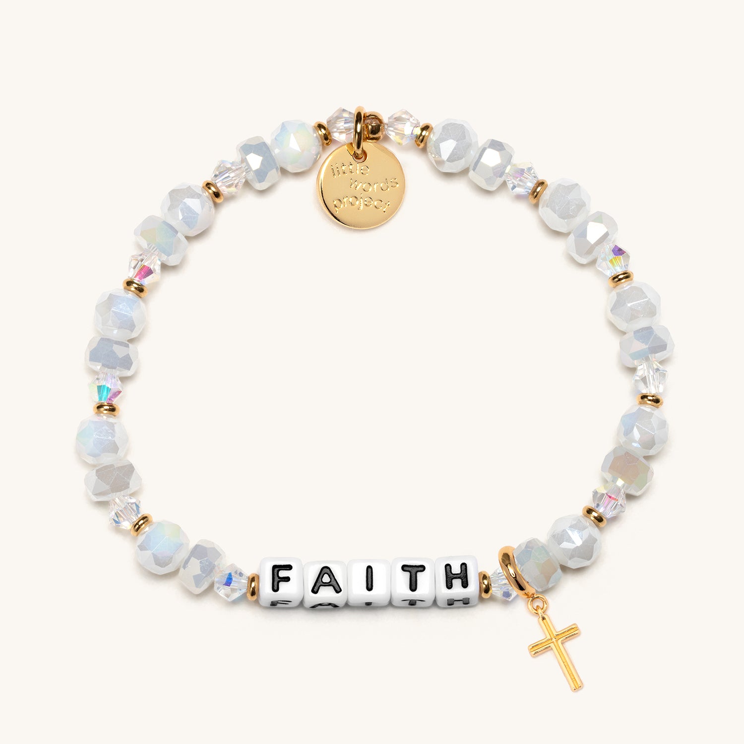 Faith bracelet with white beads and a cross charm