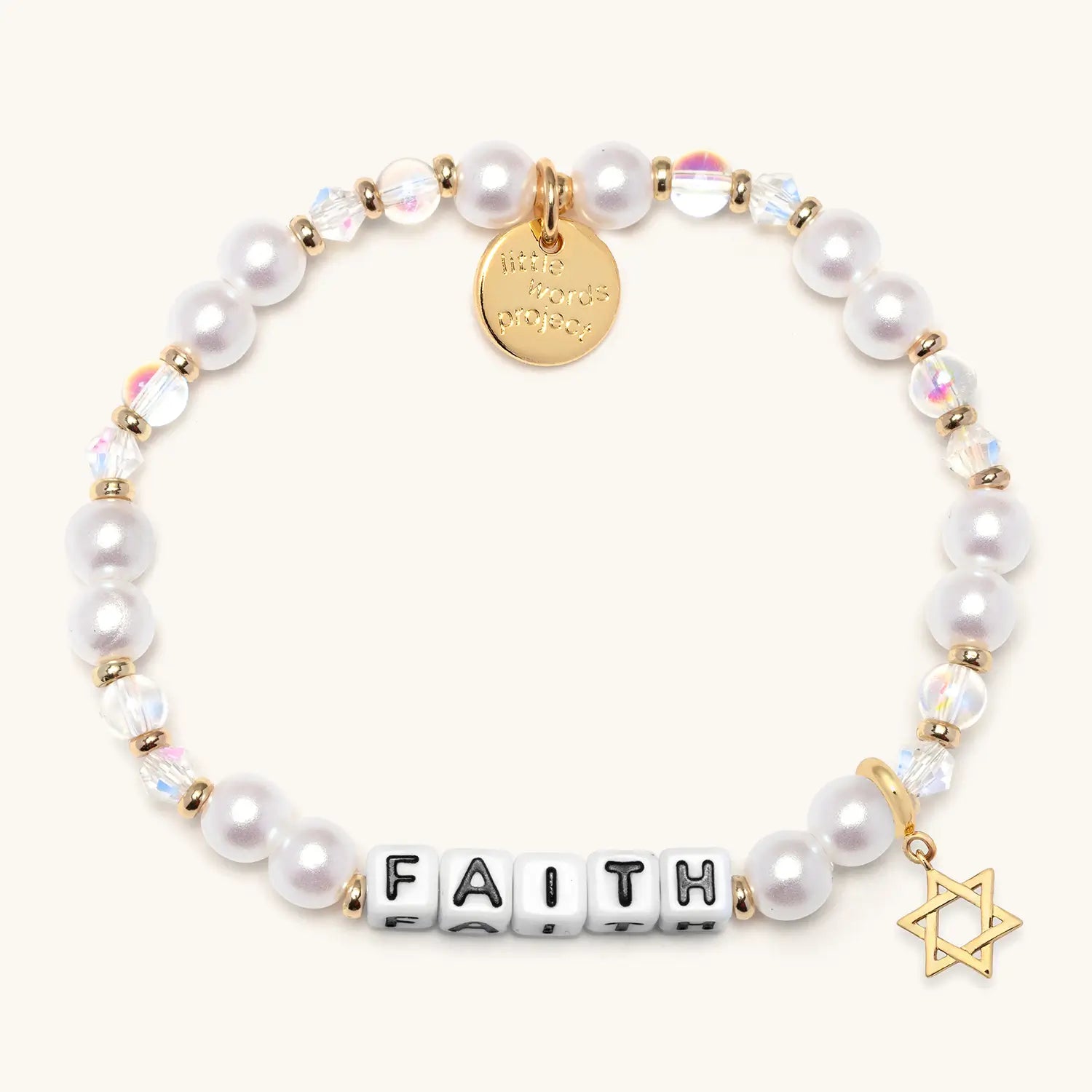 Pearl bracelet with 'FAITH' and Star of David charm on a white background
