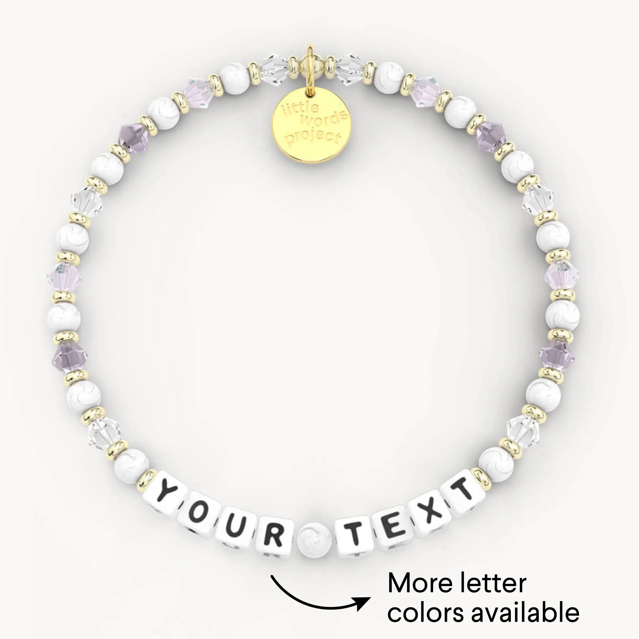 Personalized beaded bracelet with customizable text on a white background