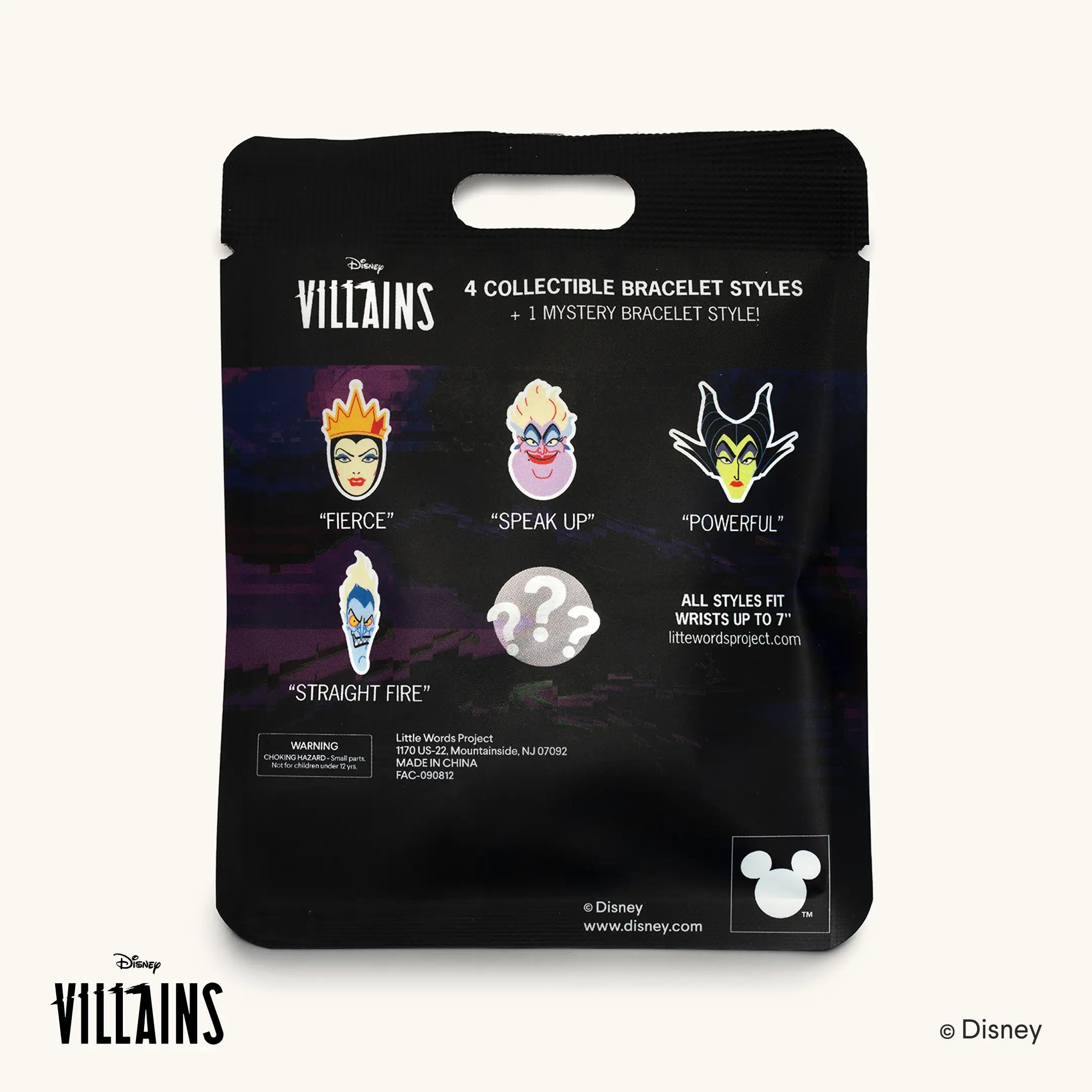 Back of the Disney Villains Blind Bag packaging showing the four collectible bracelet styles Fierce, Speak Up, Powerful and Straight Fire plus one mystery style, with sizing and warning details.