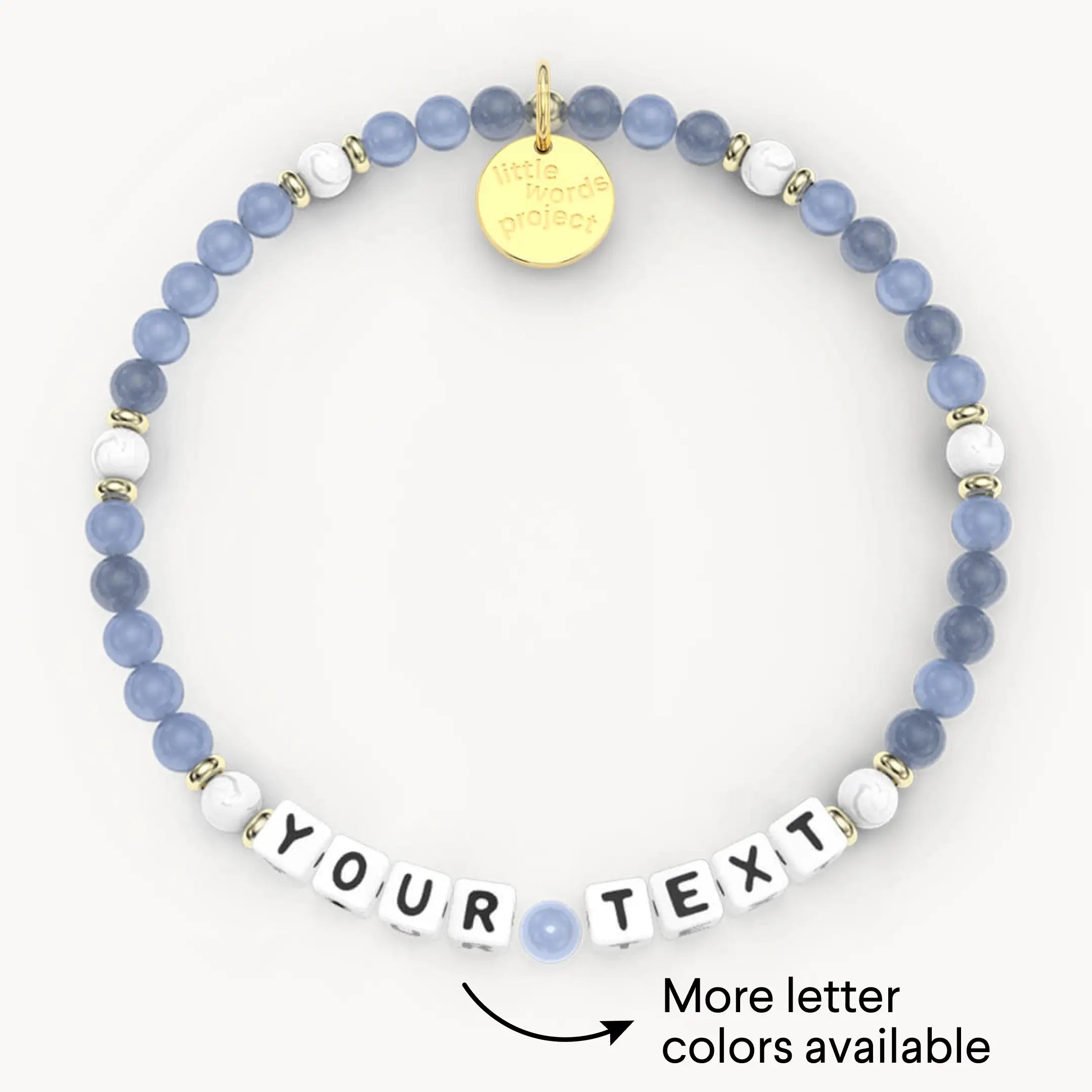 Personalized beaded bracelet with customizable text on a white background