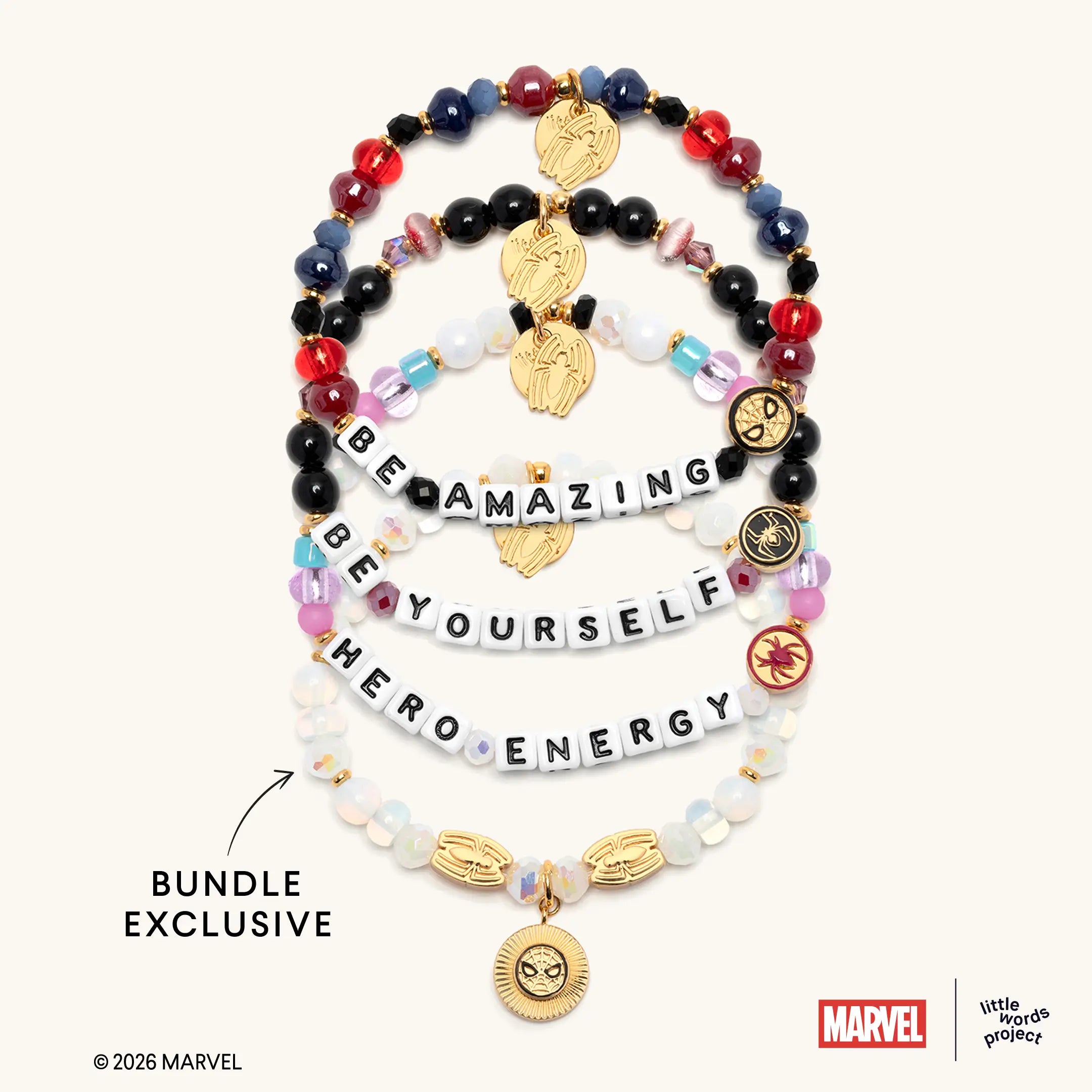 Your Friendly Bracelet Set from Marvel's Spider-Man collection, flat-lay on white background showing all four bracelets stacked together including Be Amazing, Be Yourself, Hero Energy, and the bundle-exclusive Power Brings Responsibility Bracelet Base