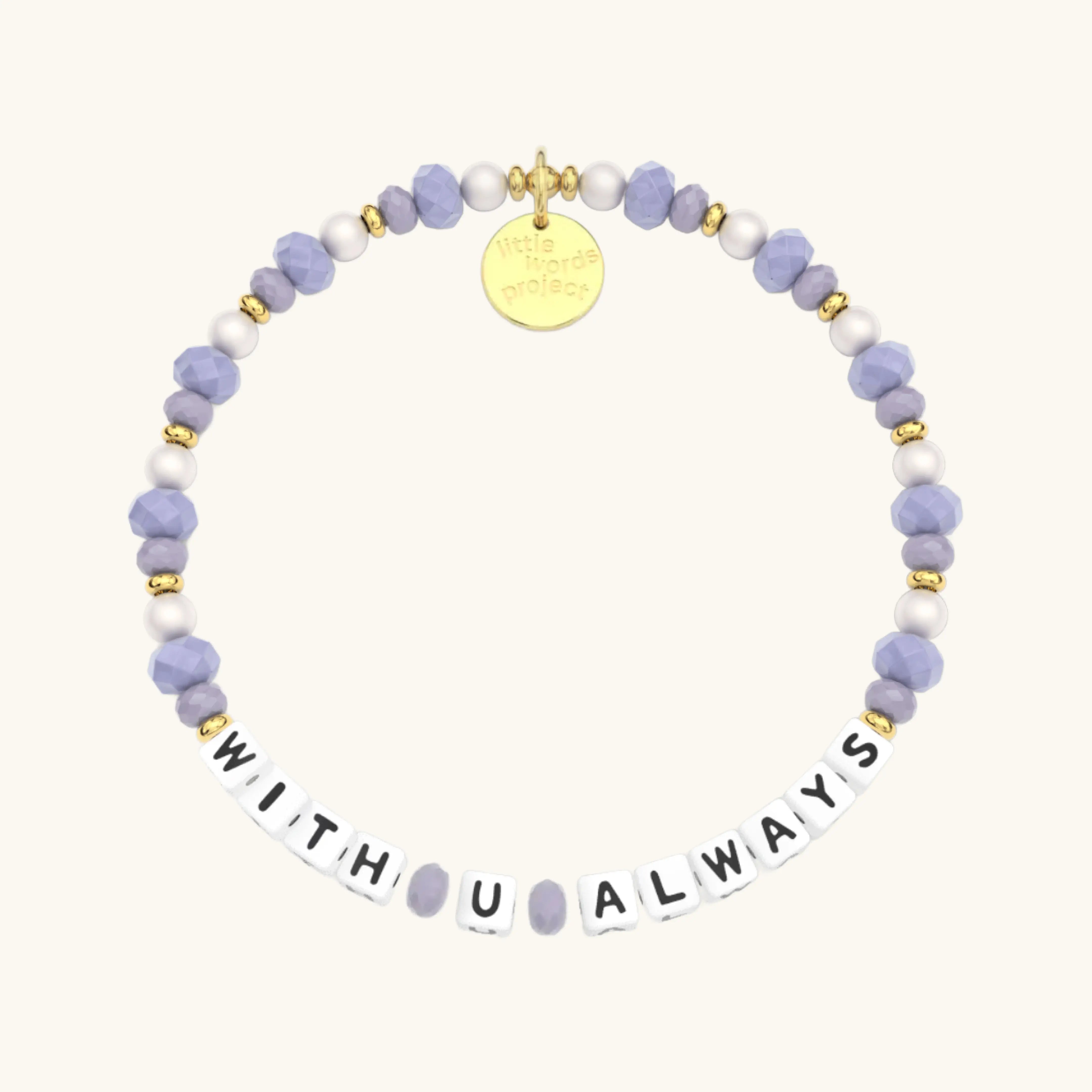 Bracelet with purple, white, and gold beads and 'WITH U ALWAYS' message on a white background