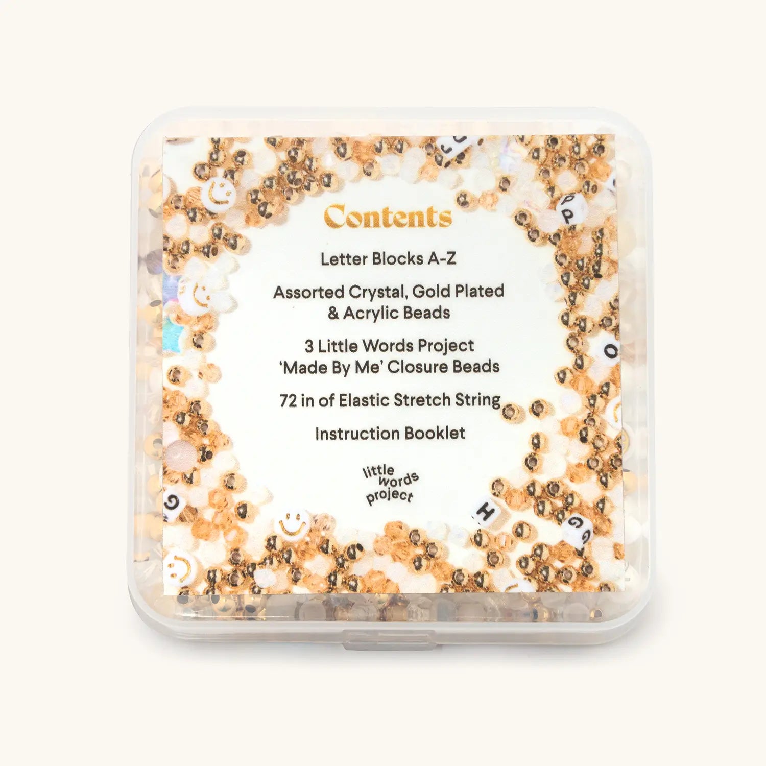 Back of Golden Wishes Bead Kit packaging showing product details and bead contents list
