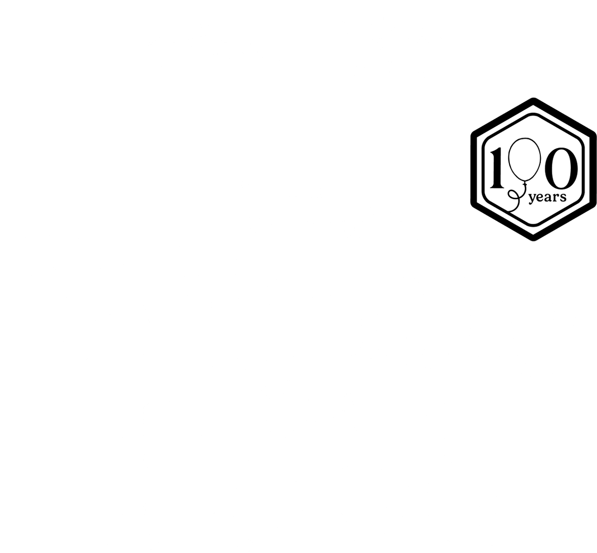 Logo with '100 years' text in a hexagonal frame on a white background