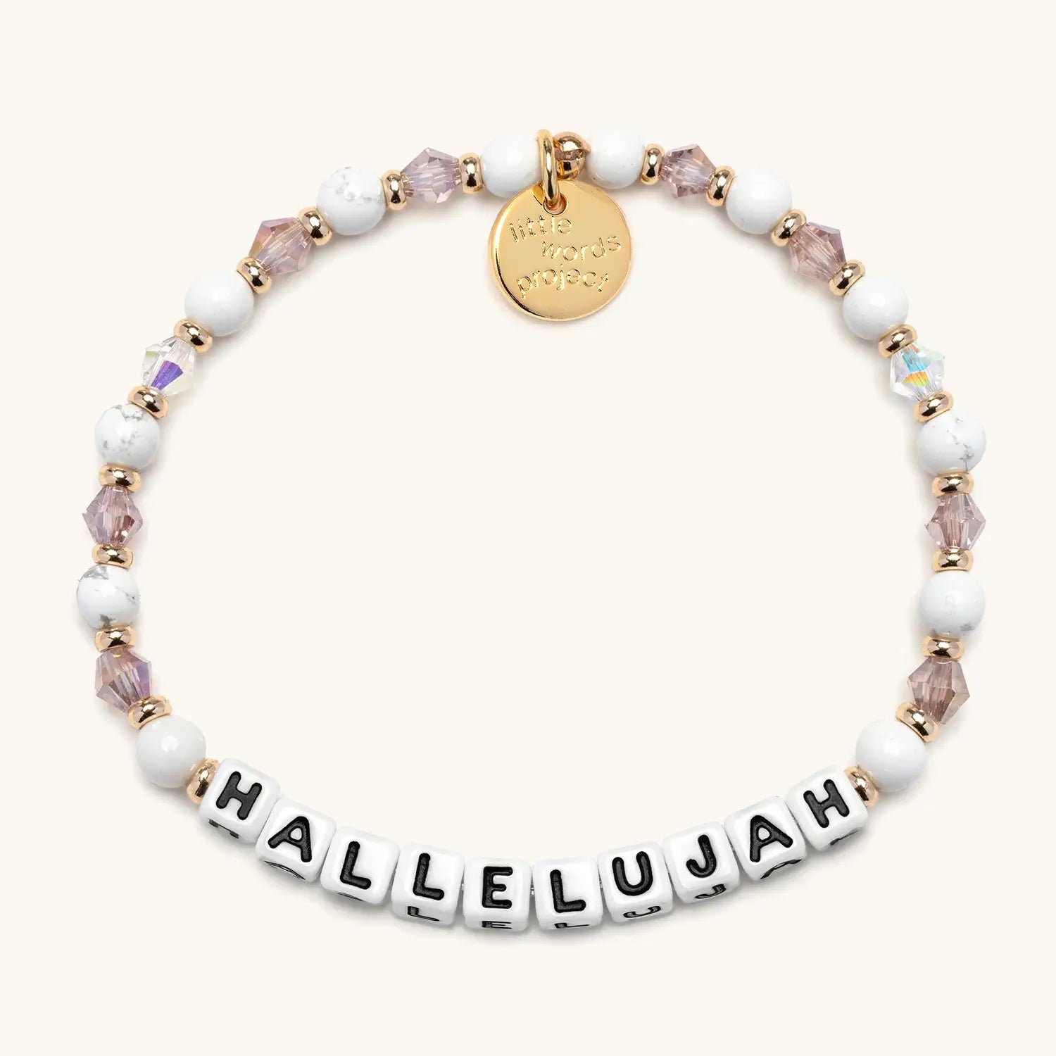 Bracelet with 'Hallelujah' and gold accents on a white background