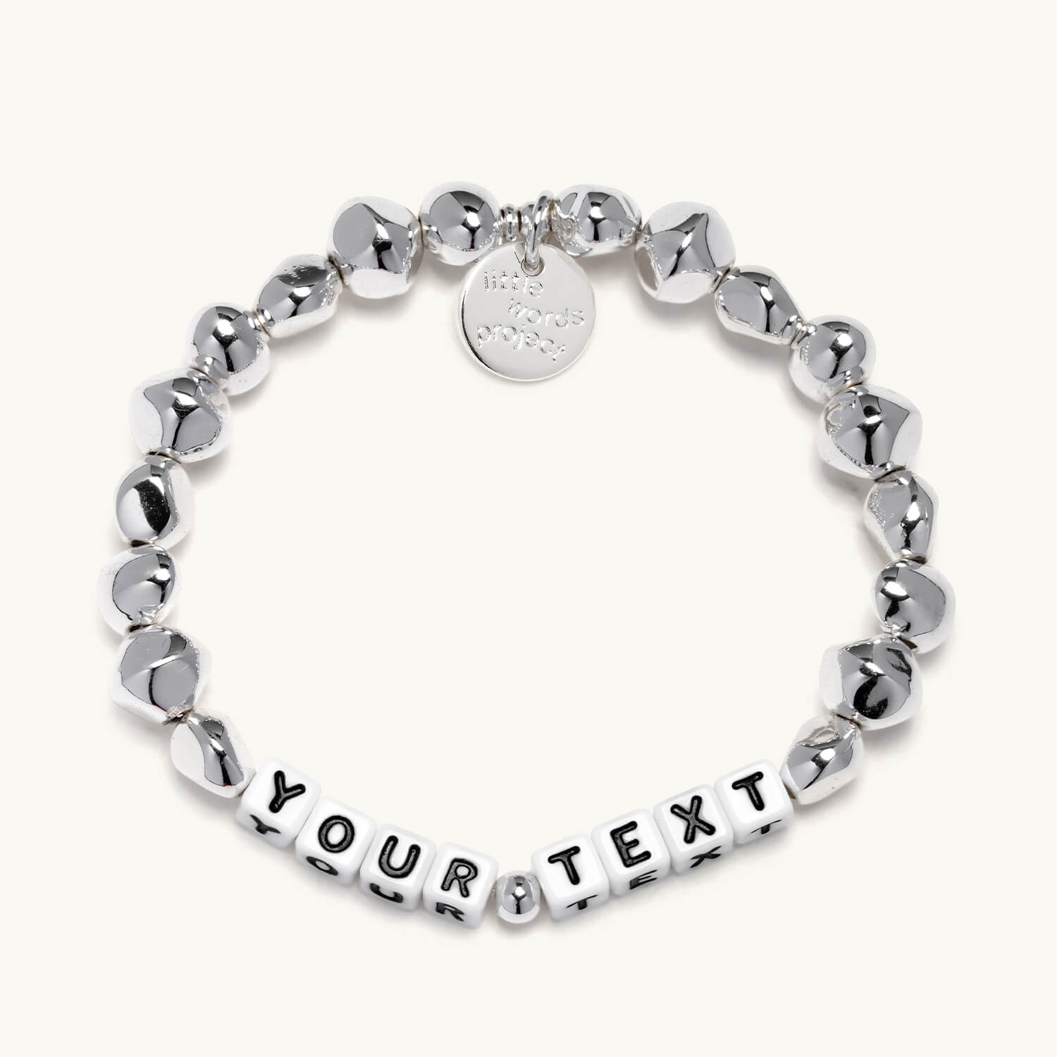 Silver bracelet with text beads on a white background