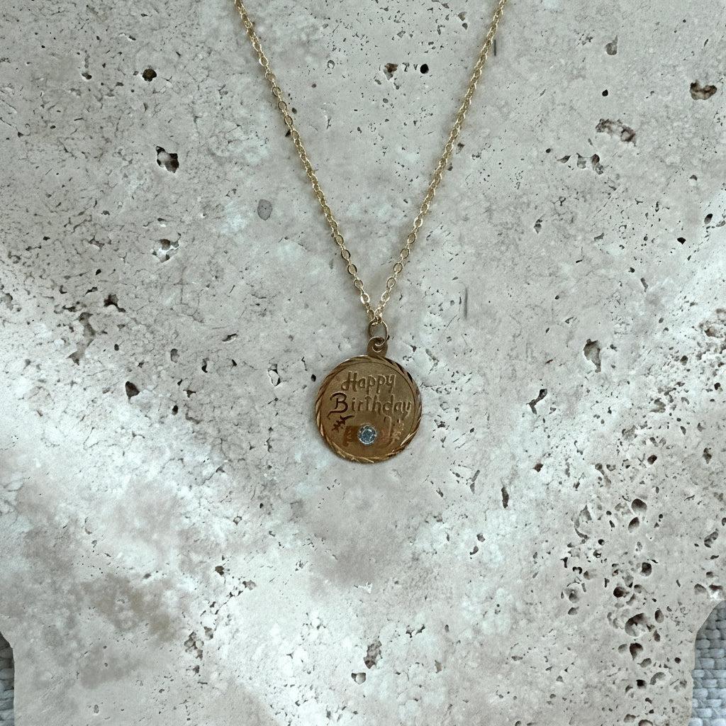 Vintage Engraved "Happy Birthday" Disc Pendant Necklace
