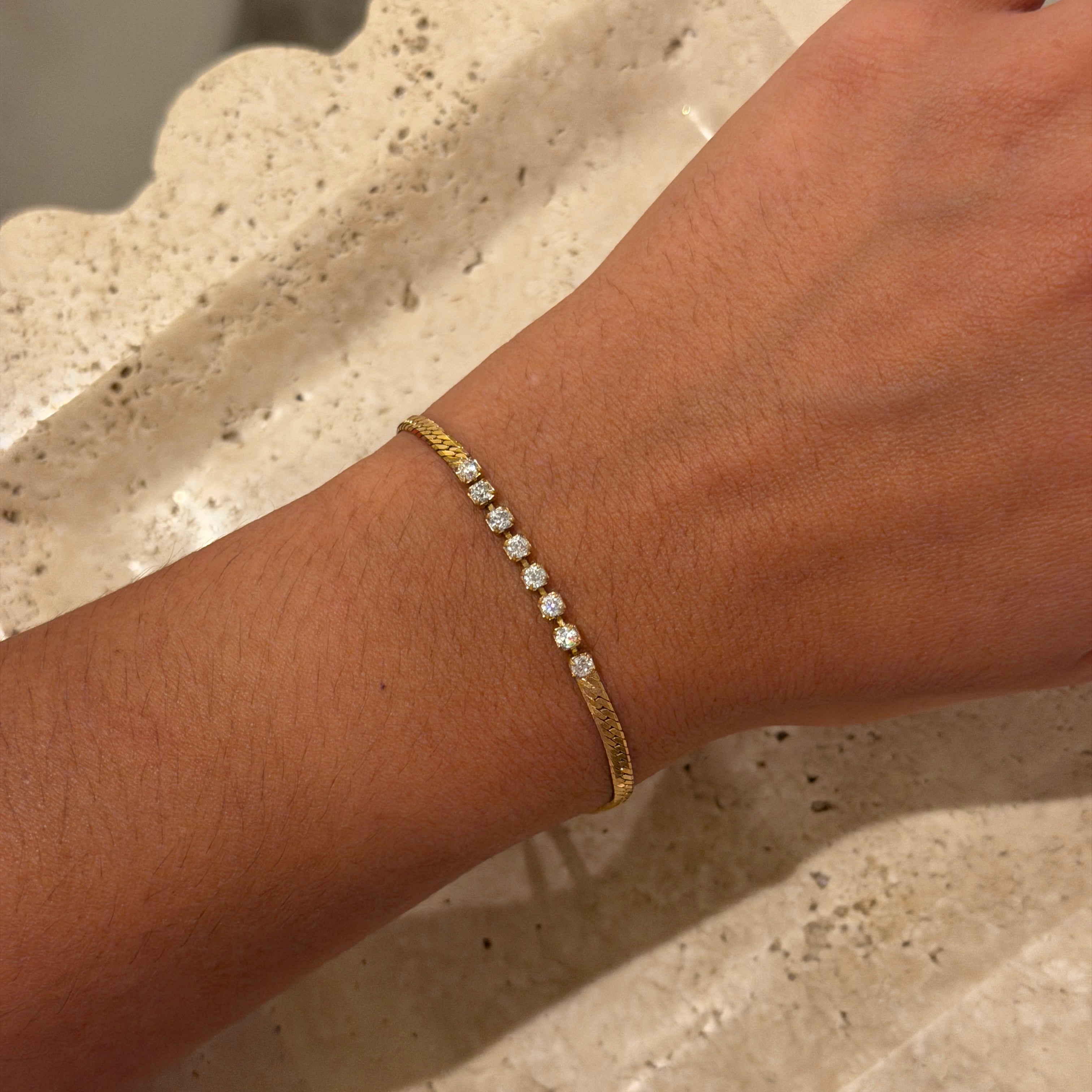 Delicate 80's Gold-Tone Herringbone Bracelet with Tiny CZs
