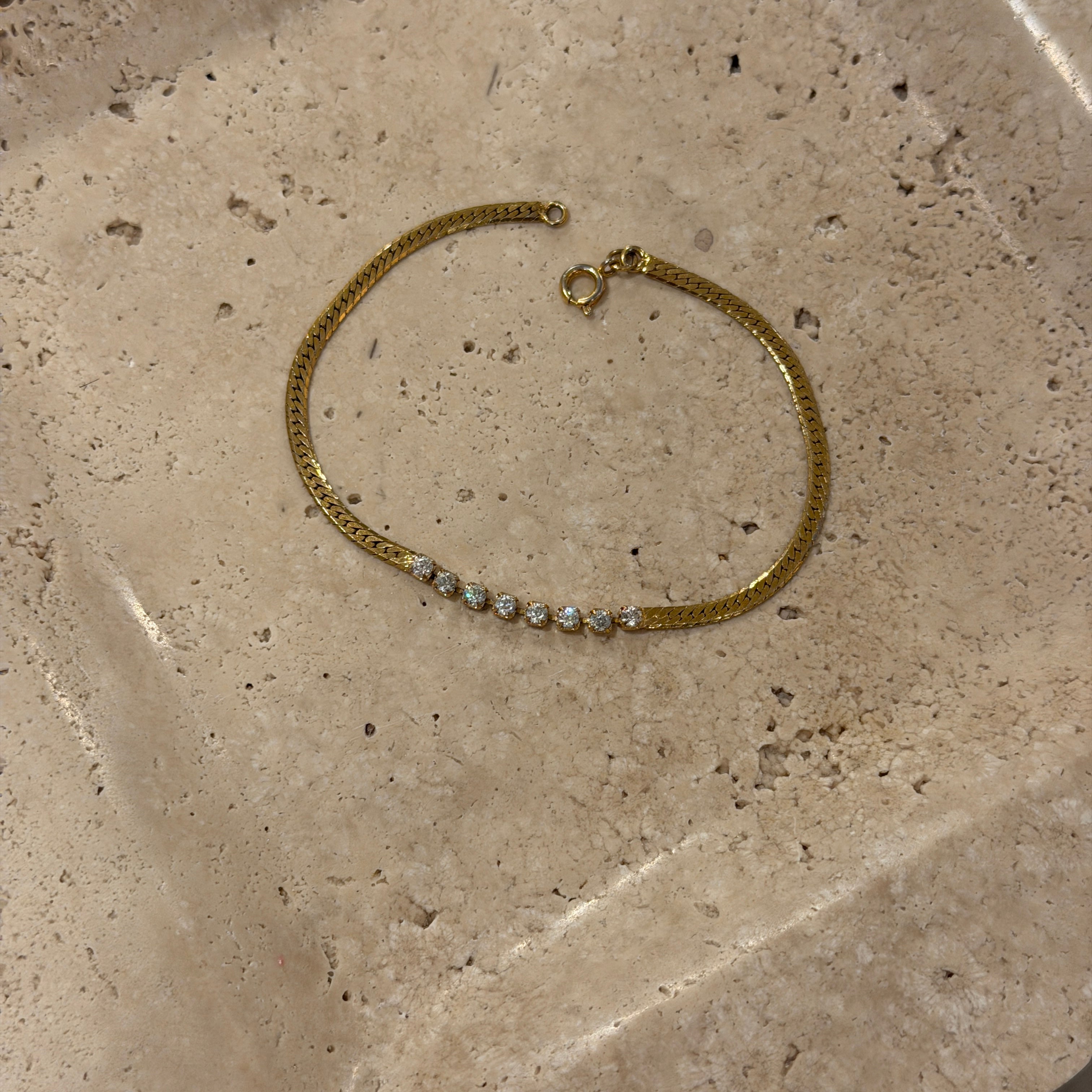 Delicate 80's Gold-Tone Herringbone Bracelet with Tiny CZs