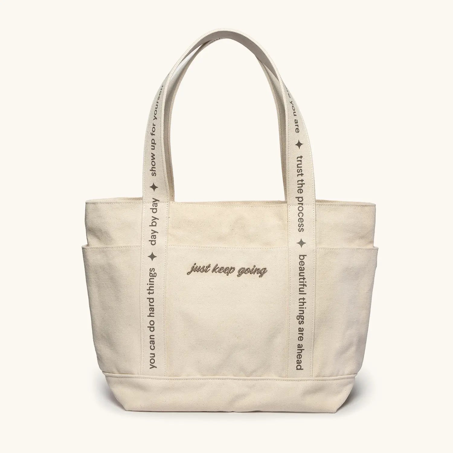 Little Words Project Just Keep Going Tote, front view on white background