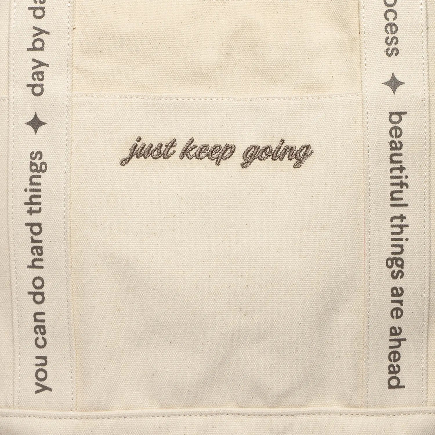 Little Words Project Just Keep Going Tote, detail shot of embroidery and print