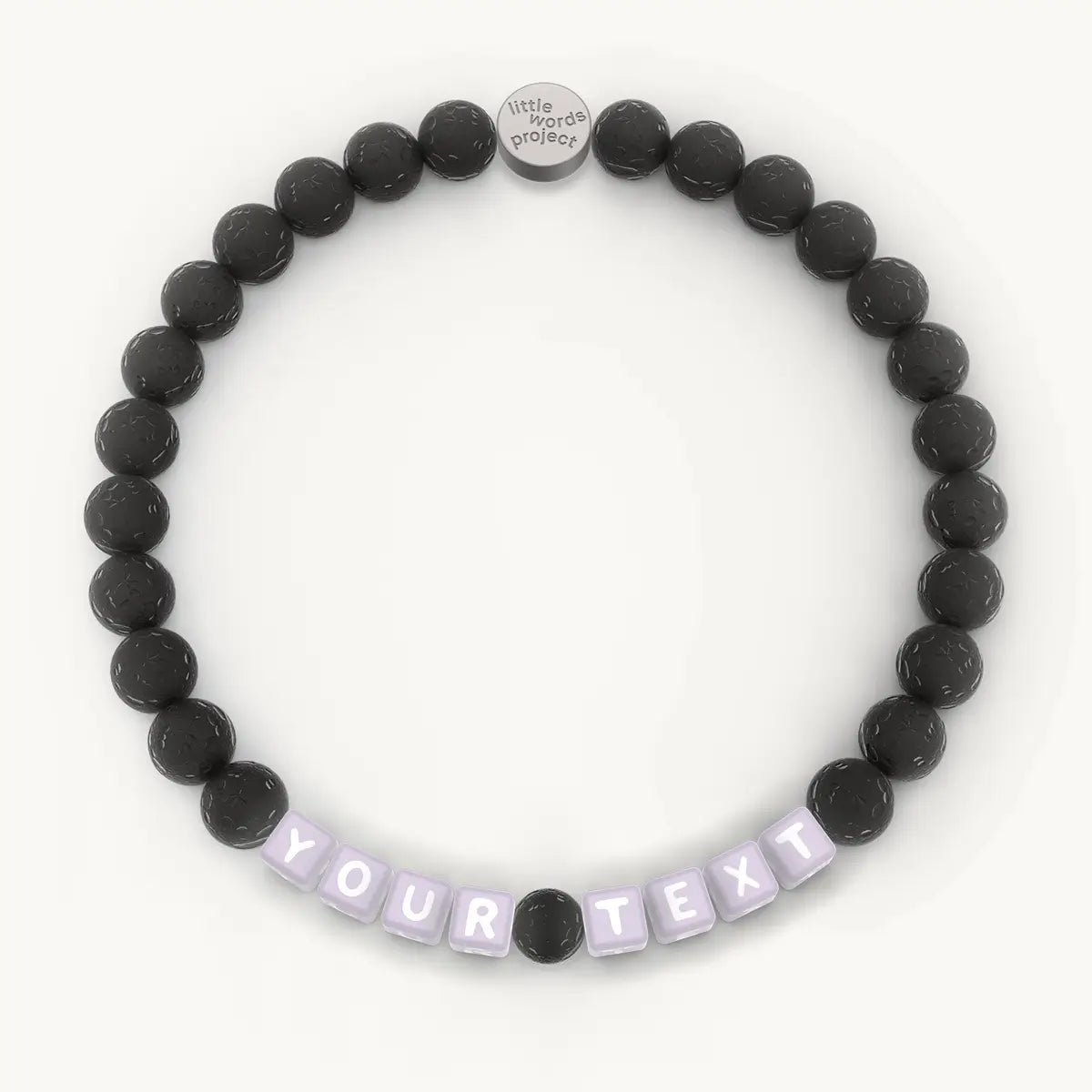 Black beaded bracelet with a customizable text charm on a white background