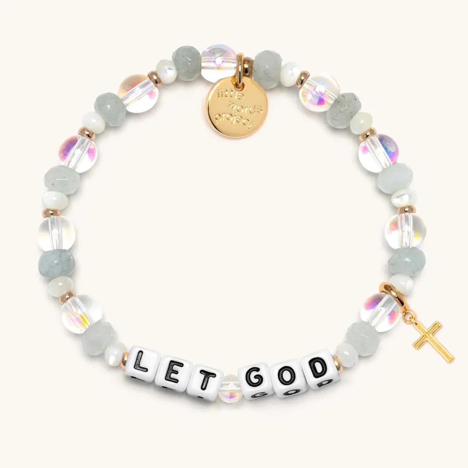 Bracelet with beads, a gold tag, and letter beads spelling 'LET GOD' on a white background