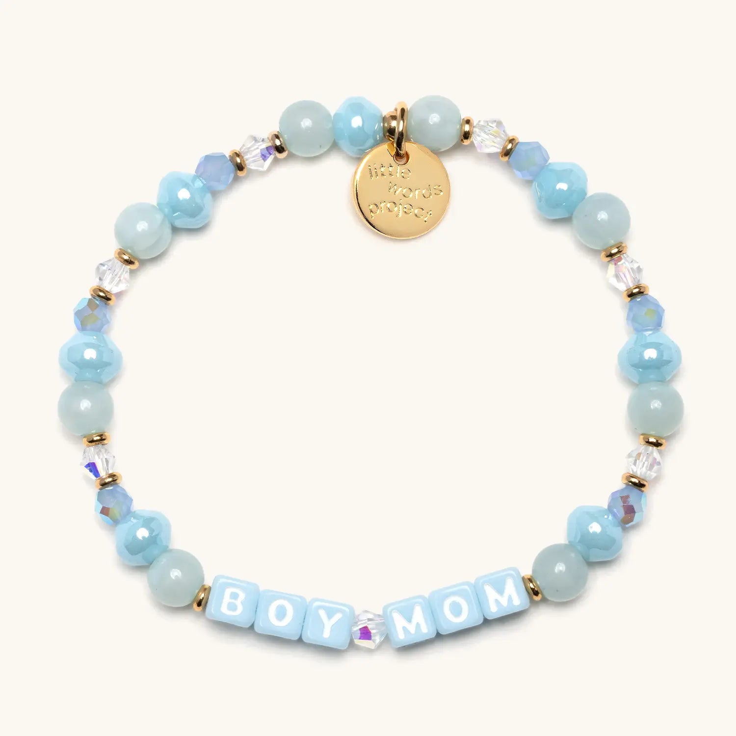 Bracelet with light blue beads and 'BOY MOM' on a white background