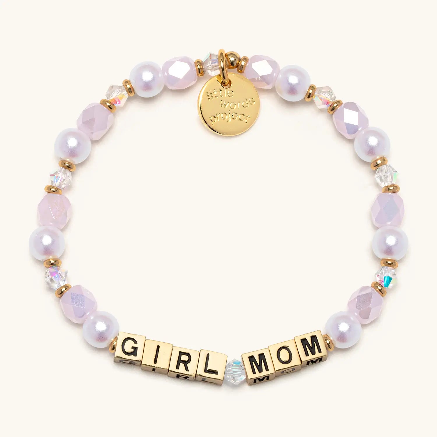 Bracelet with 'GIRL MOM' beads and gold accents on a white background