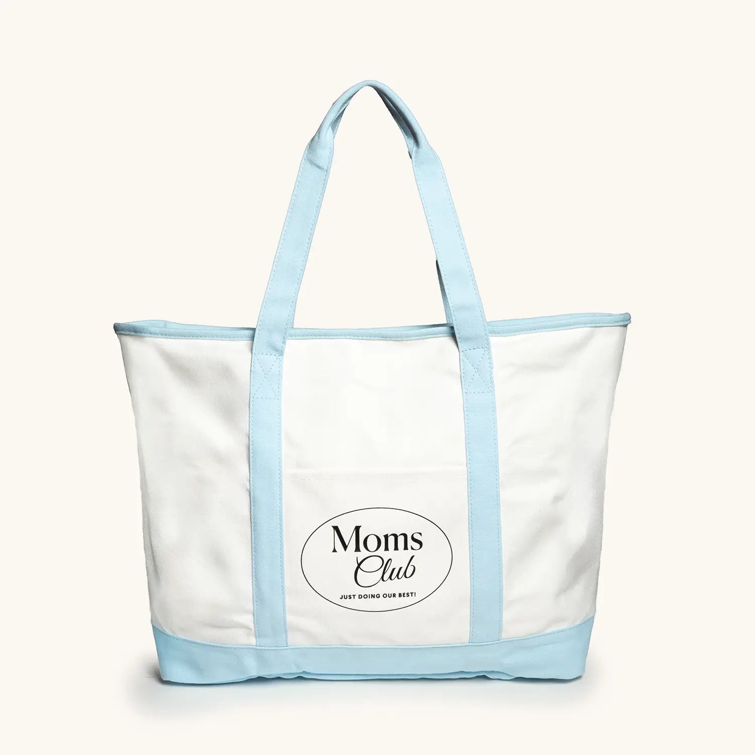 White Moms club bag with blue accents against a white background