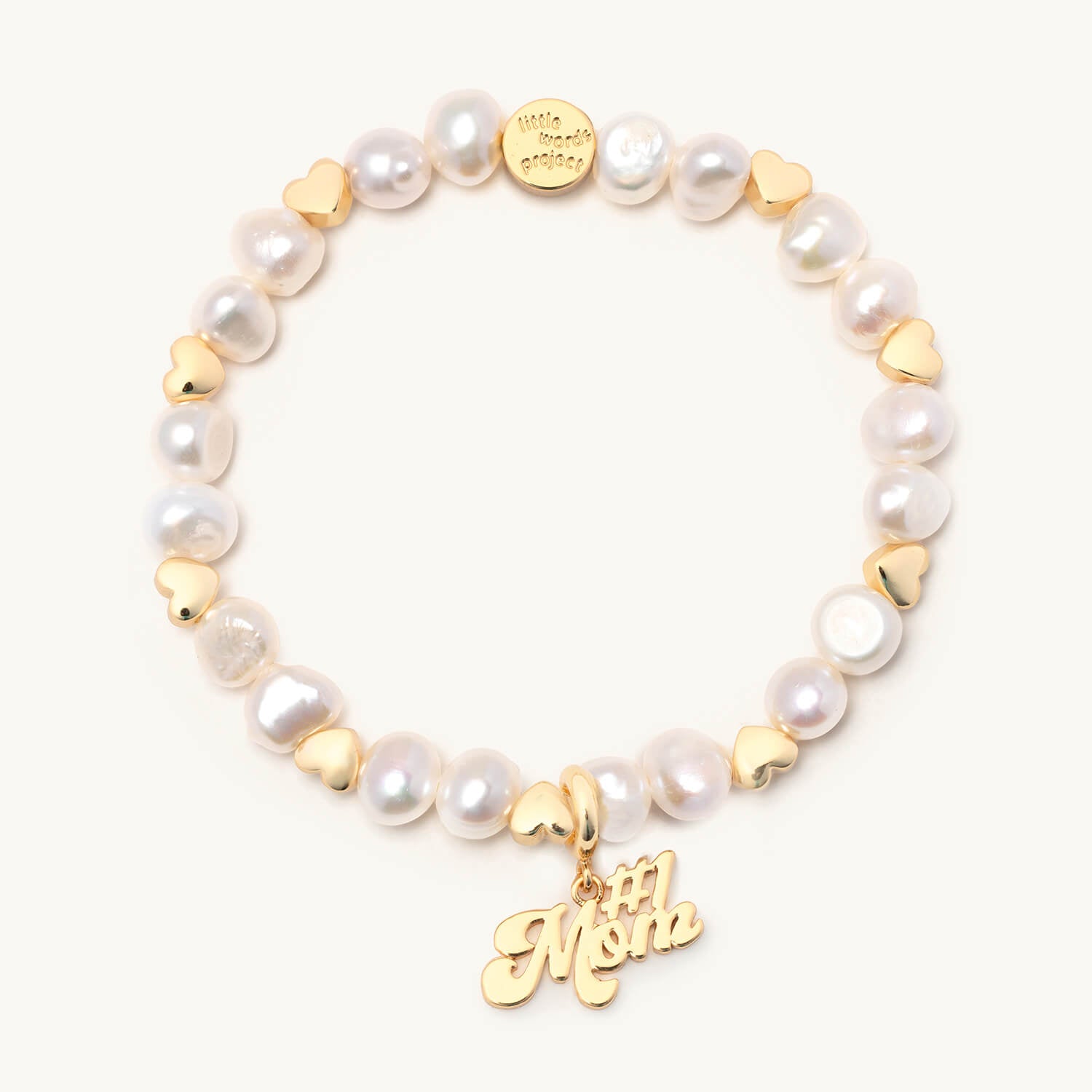 #1 Mom Charm on the White Hearts by the Pearl Bracelet Base