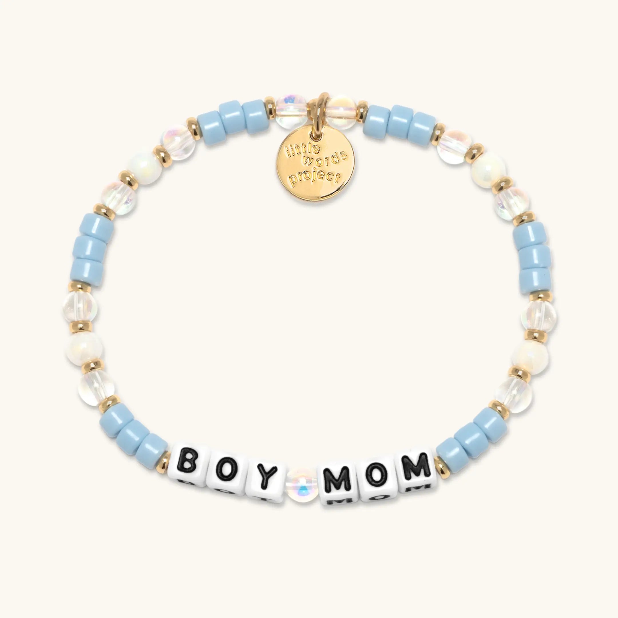 Bracelet with 'BOY MOM' beads and a gold tag on a white background
