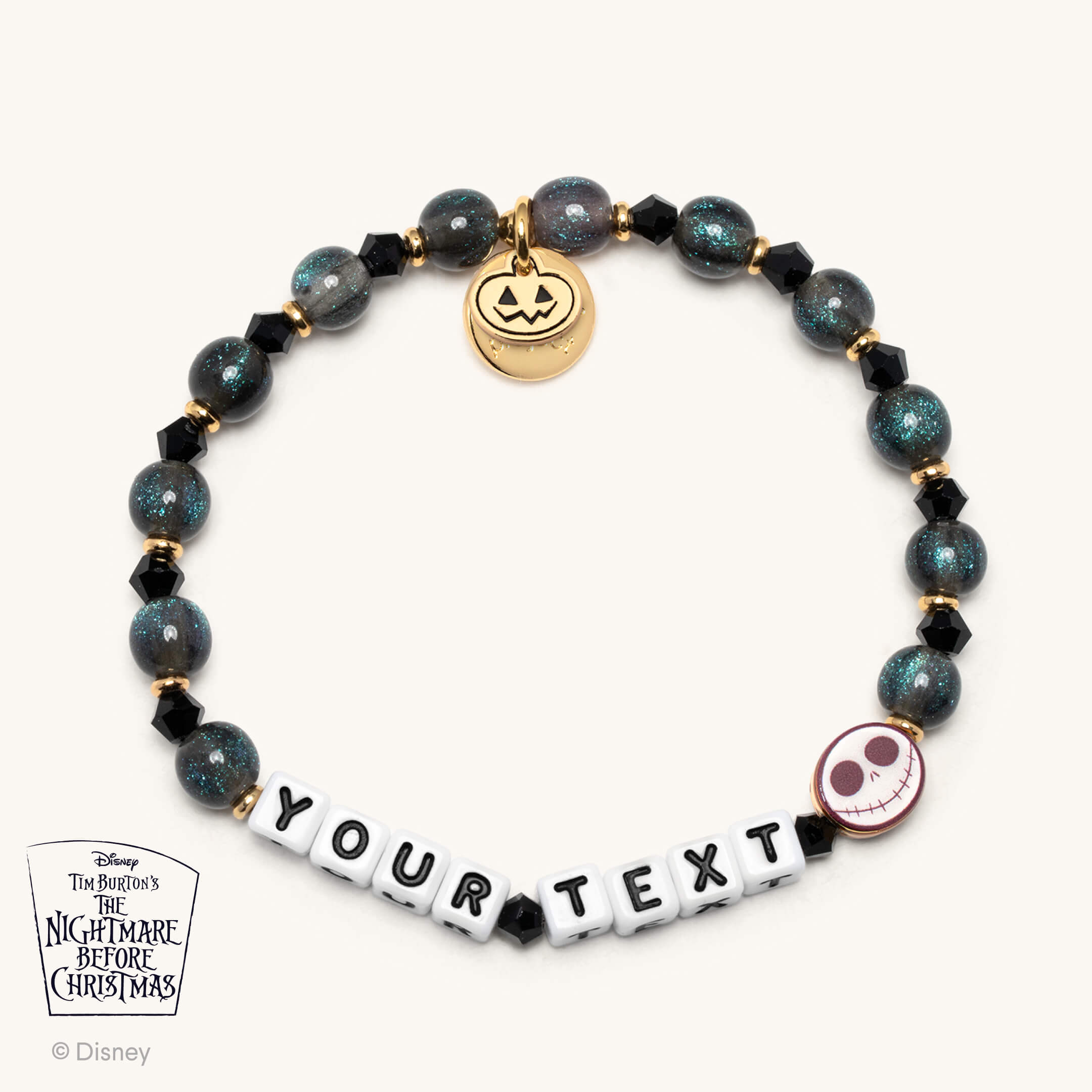 Bracelet with beaded design and 'Your Text' charm, featuring Disney's 'The Nightmare Before Christmas' theme.