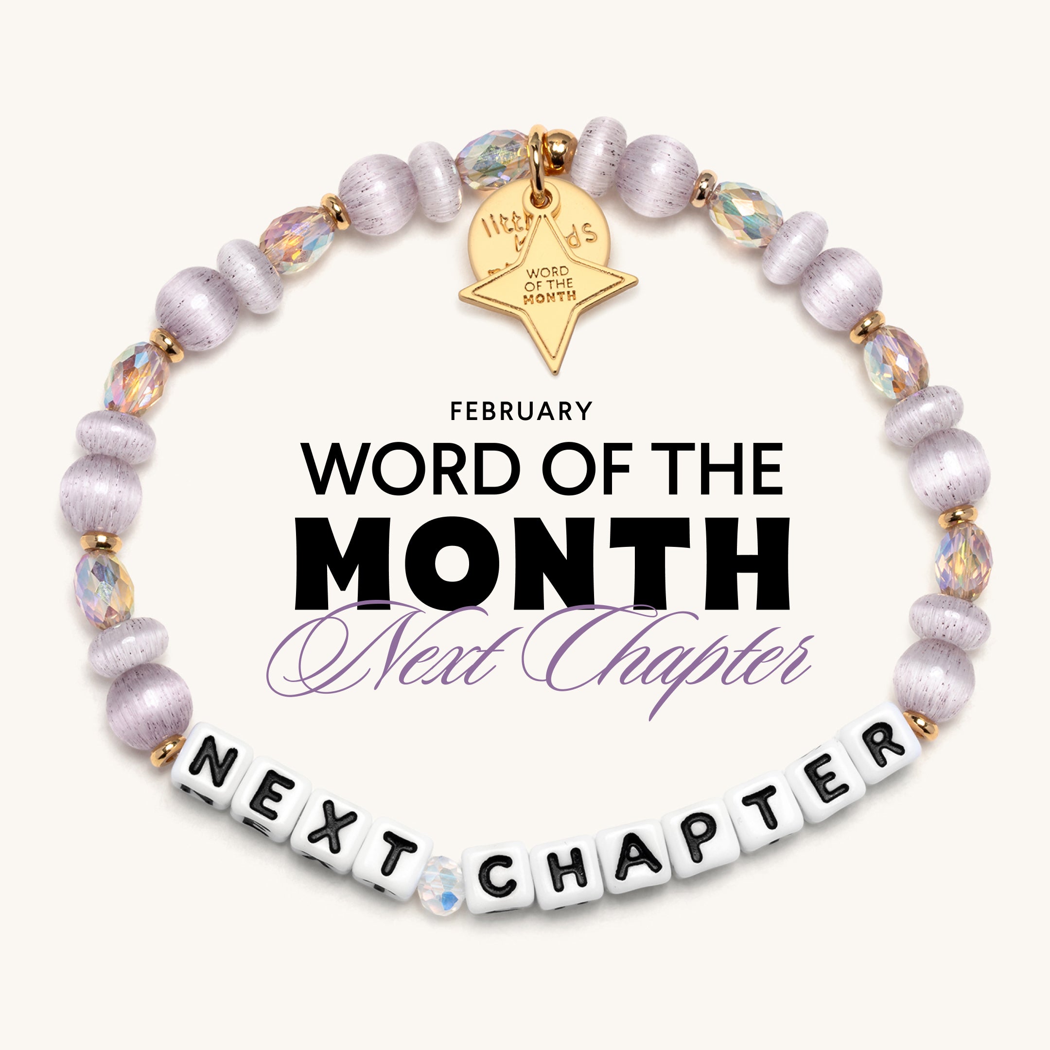 Bracelet with 'Next Chapter' and 'February Word of the Month' text on a white background