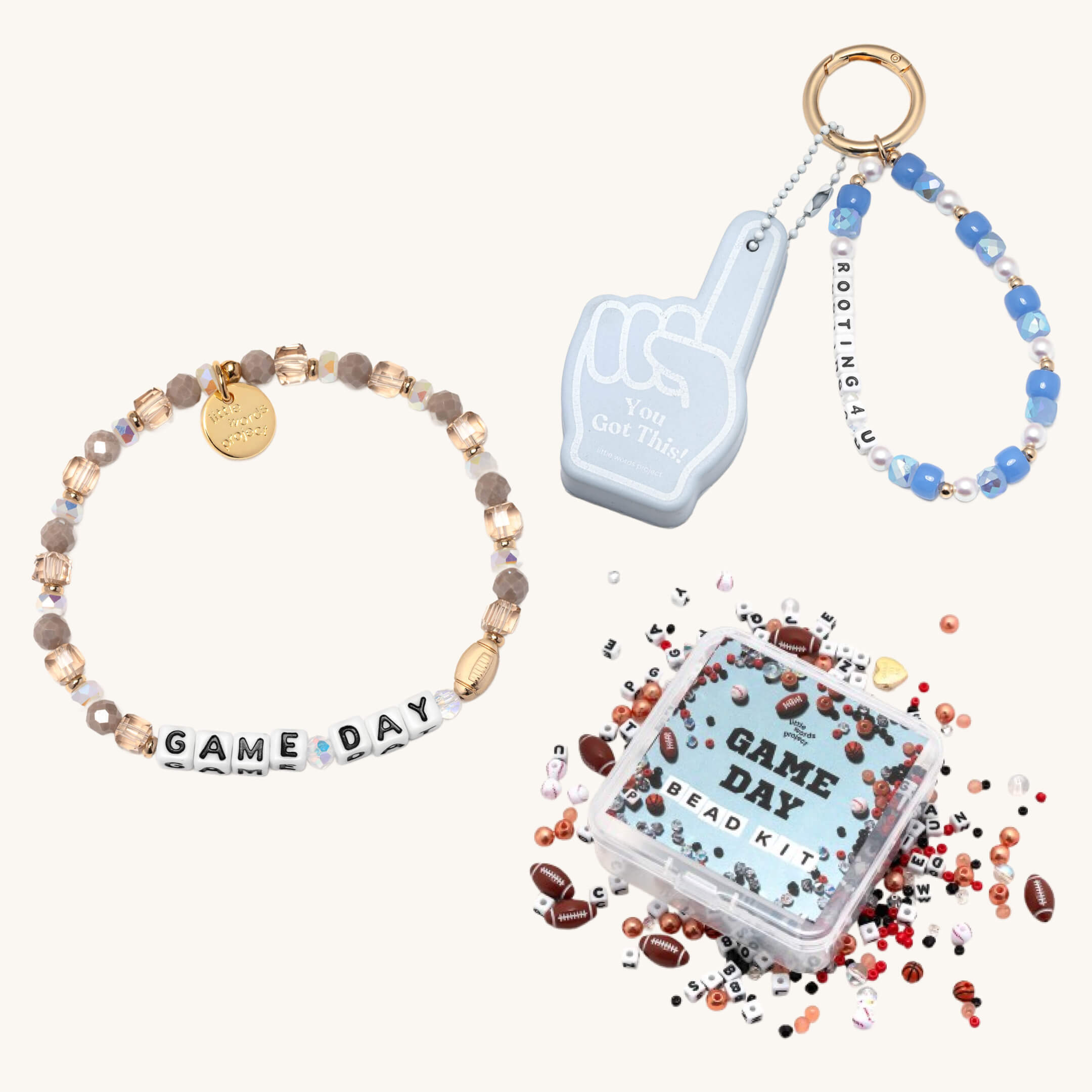 Bracelet with 'GAME DAY' beads, keychain, and bead kit on a white background