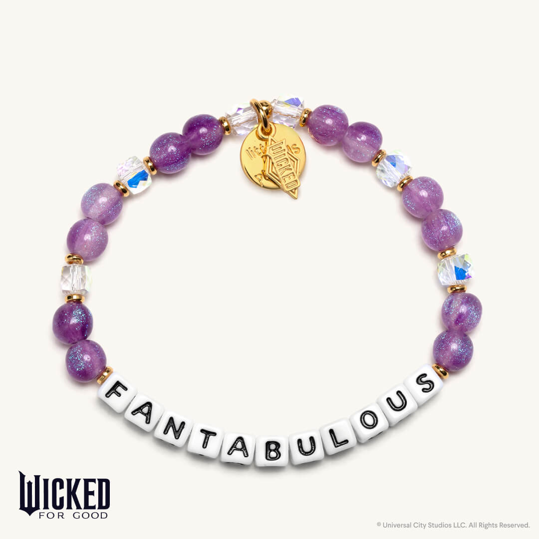 Bracelet with purple beads and 'FANTABULOUS' charm, featuring Wicked For Good logo.