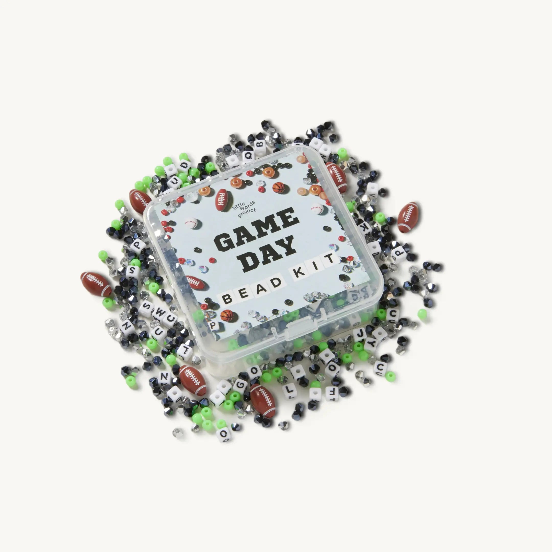 Game Day bead kit with various beads and letters on a white background