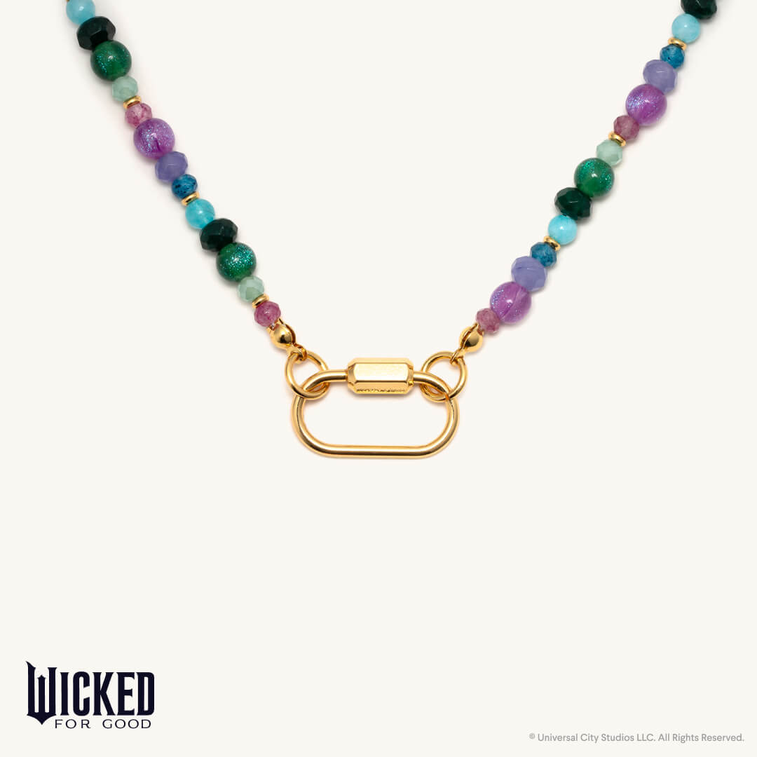 Multicolored beaded necklace with a gold clasp on a white background, featuring the brand 'Wicked for Good'.