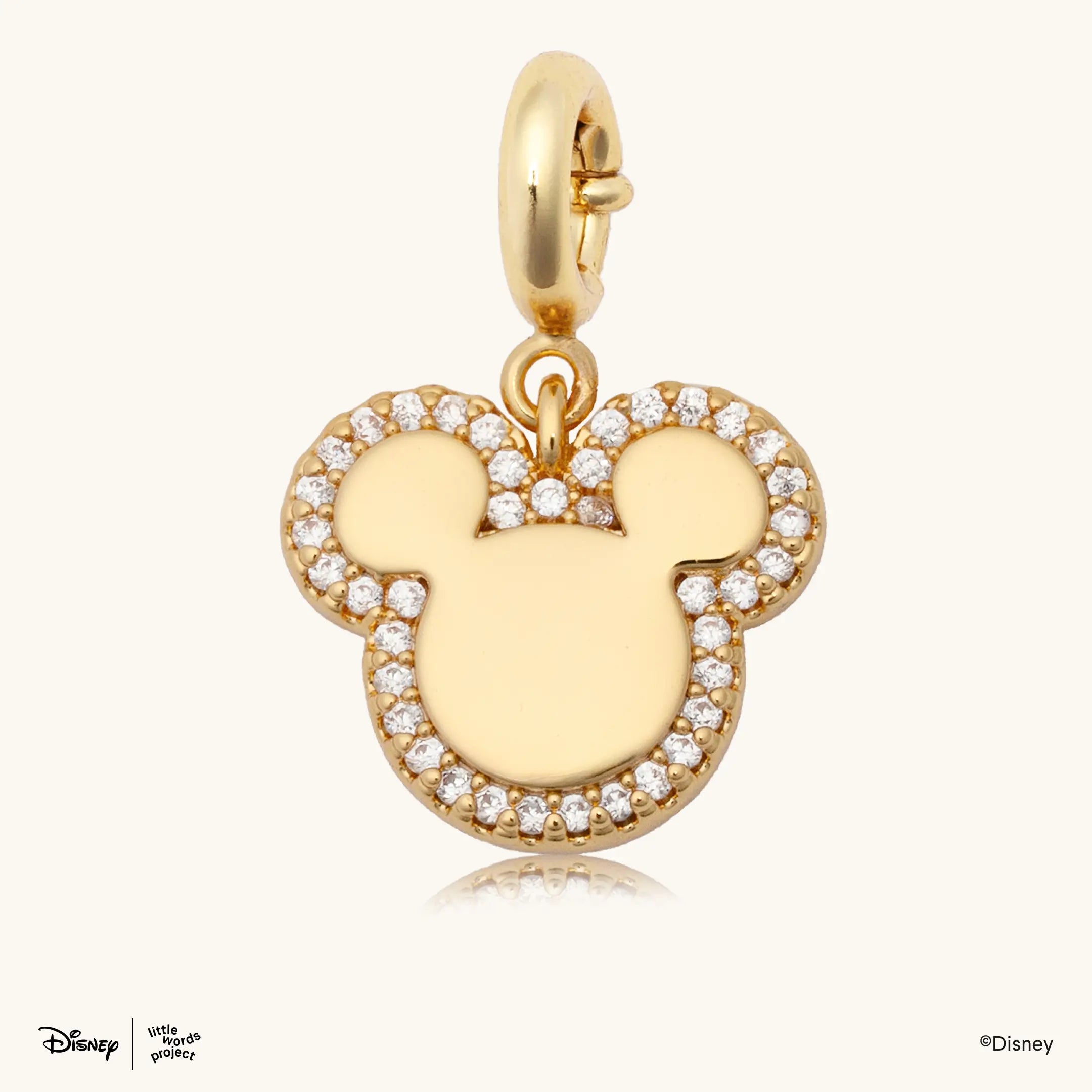 Mickey Mouse Silhouette Charm from Disney Mickey and Friends, gold plated Mickey Mouse head charm outlined in pave crystals on a gold plated clasp