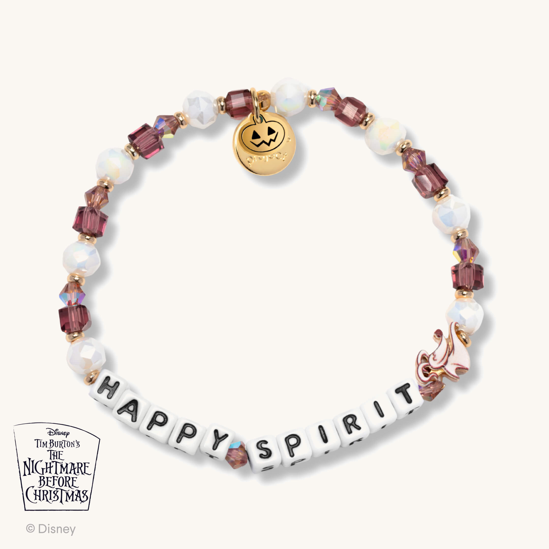 Bracelet with 'Happy Spirit' beads and pumpkin charm on a white background